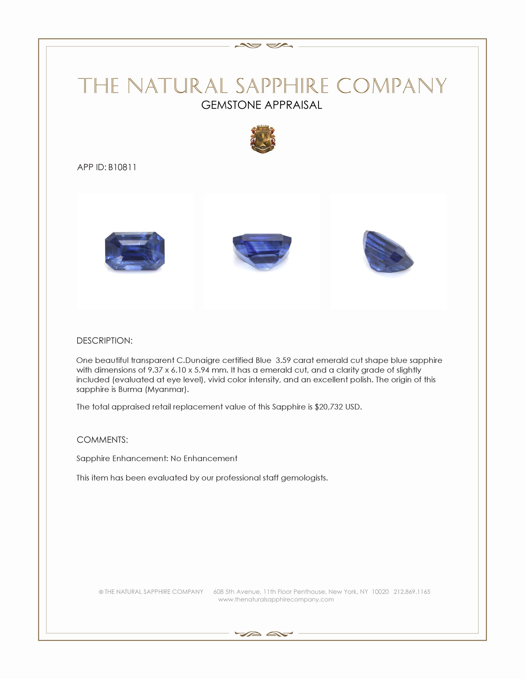 3.59 Ct. Blue Sapphire from Burma (Myanmar)