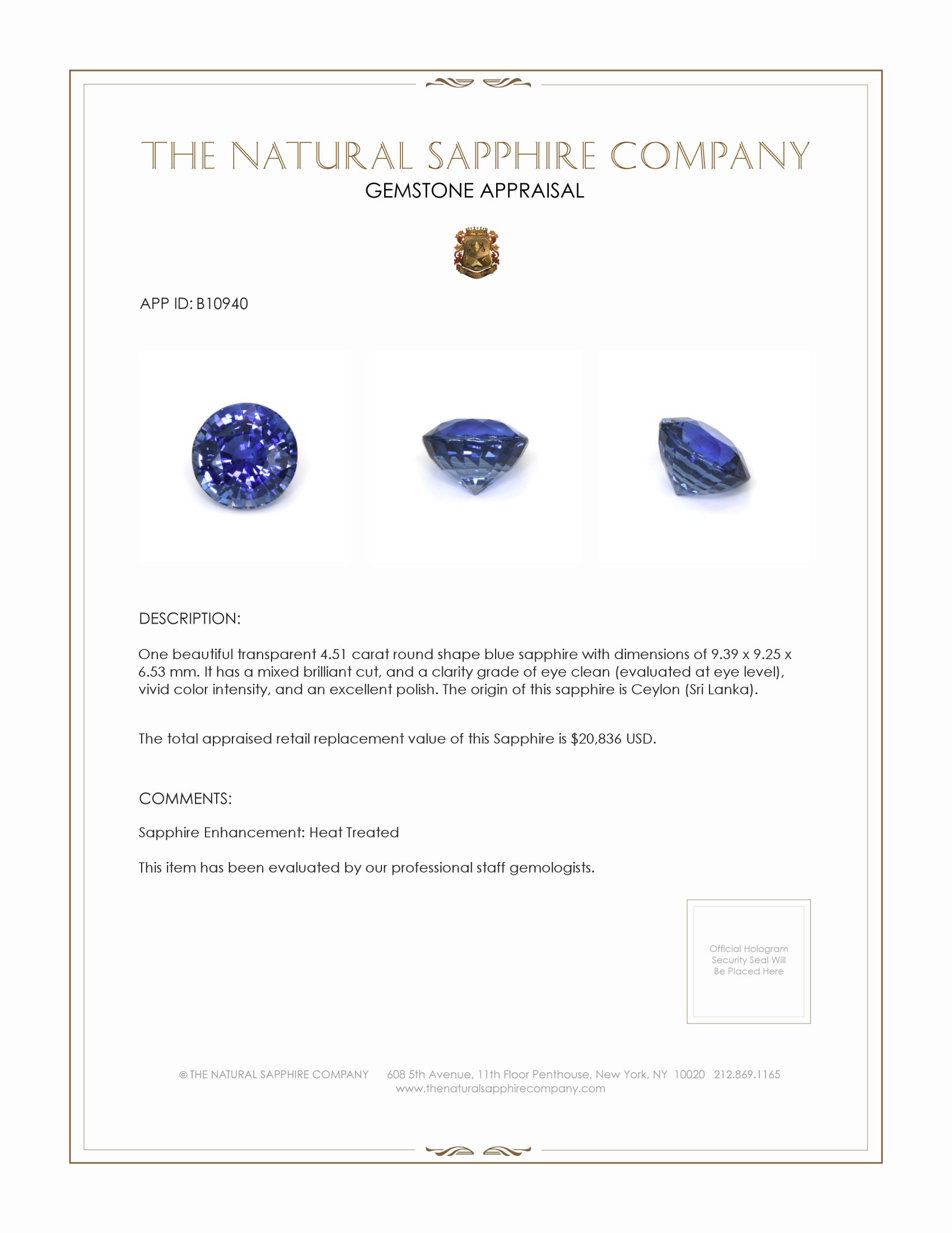 4.51 Ct. Blue Sapphire from Ceylon (Sri Lanka)