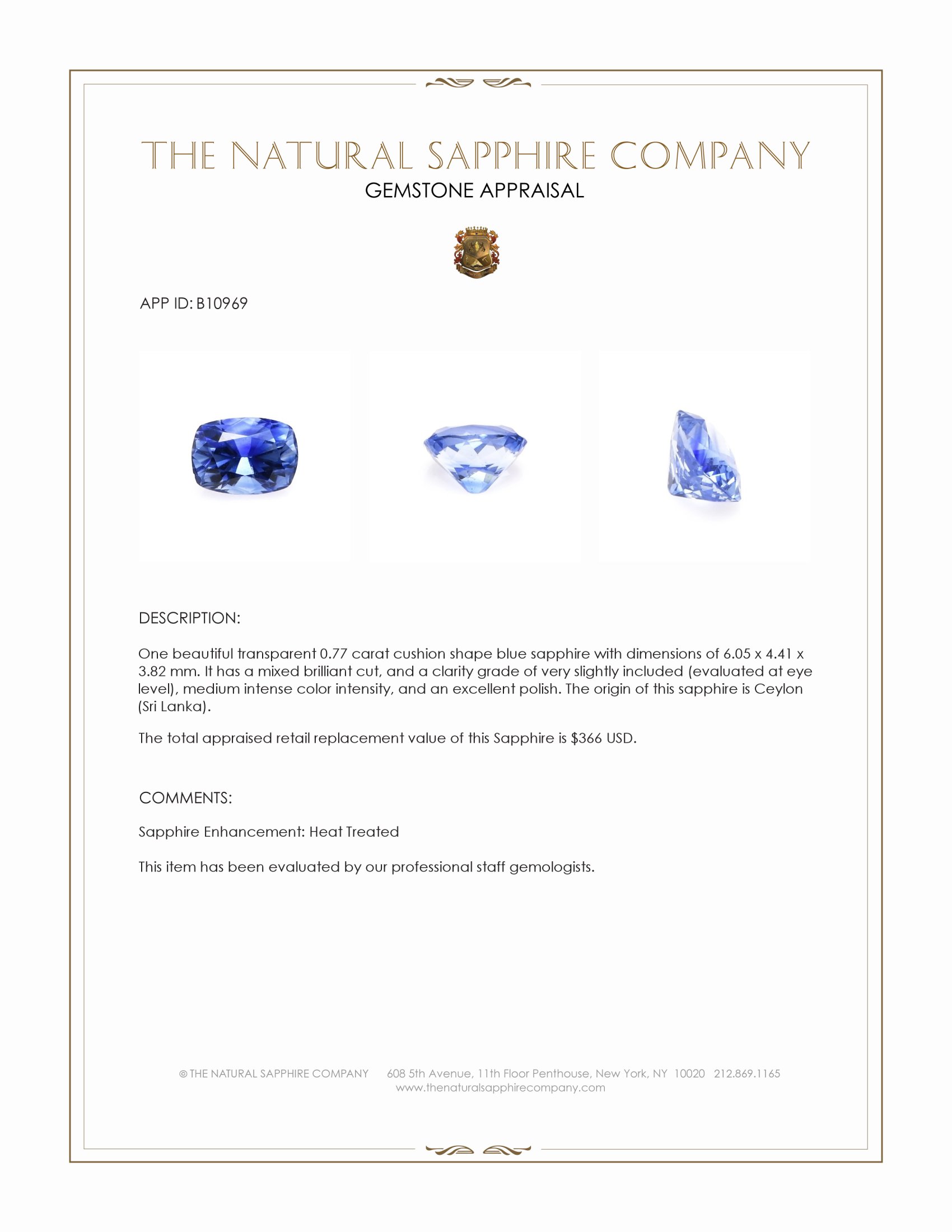 0.77 Ct. Blue Sapphire from Ceylon (Sri Lanka)
