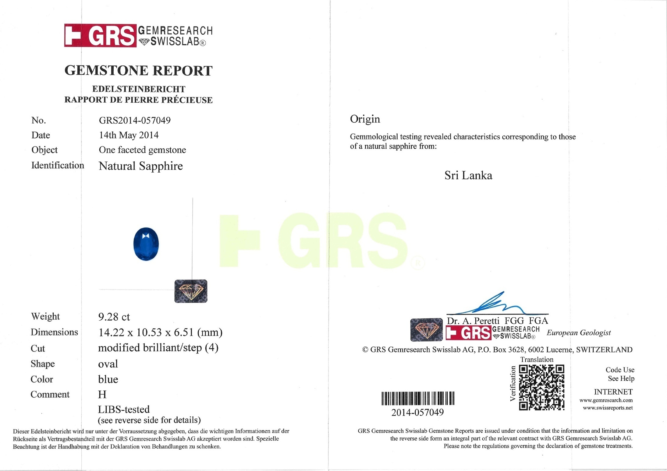 9.28 Ct. Blue Sapphire from Ceylon (Sri Lanka)