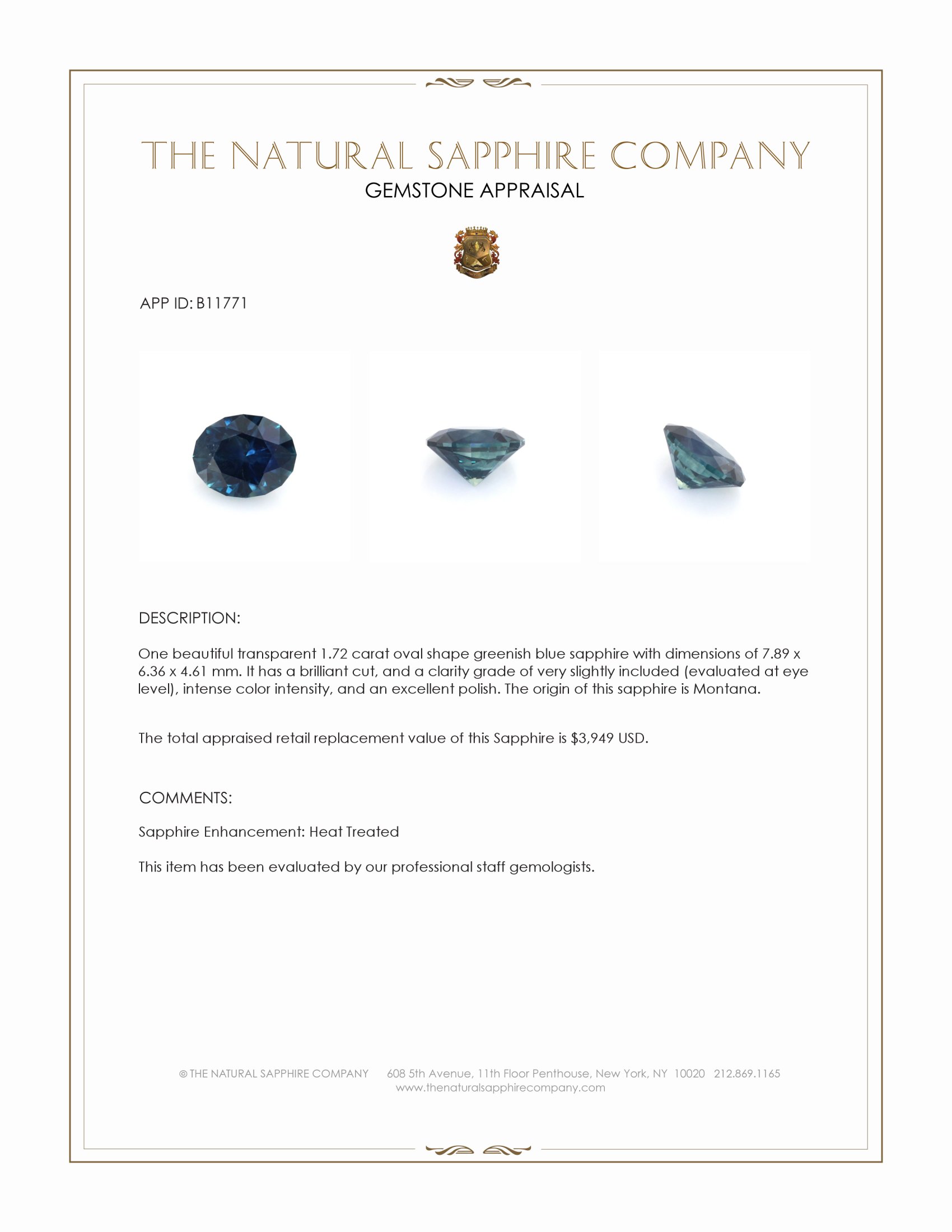 1.72 Ct. Greenish Blue Sapphire from Montana