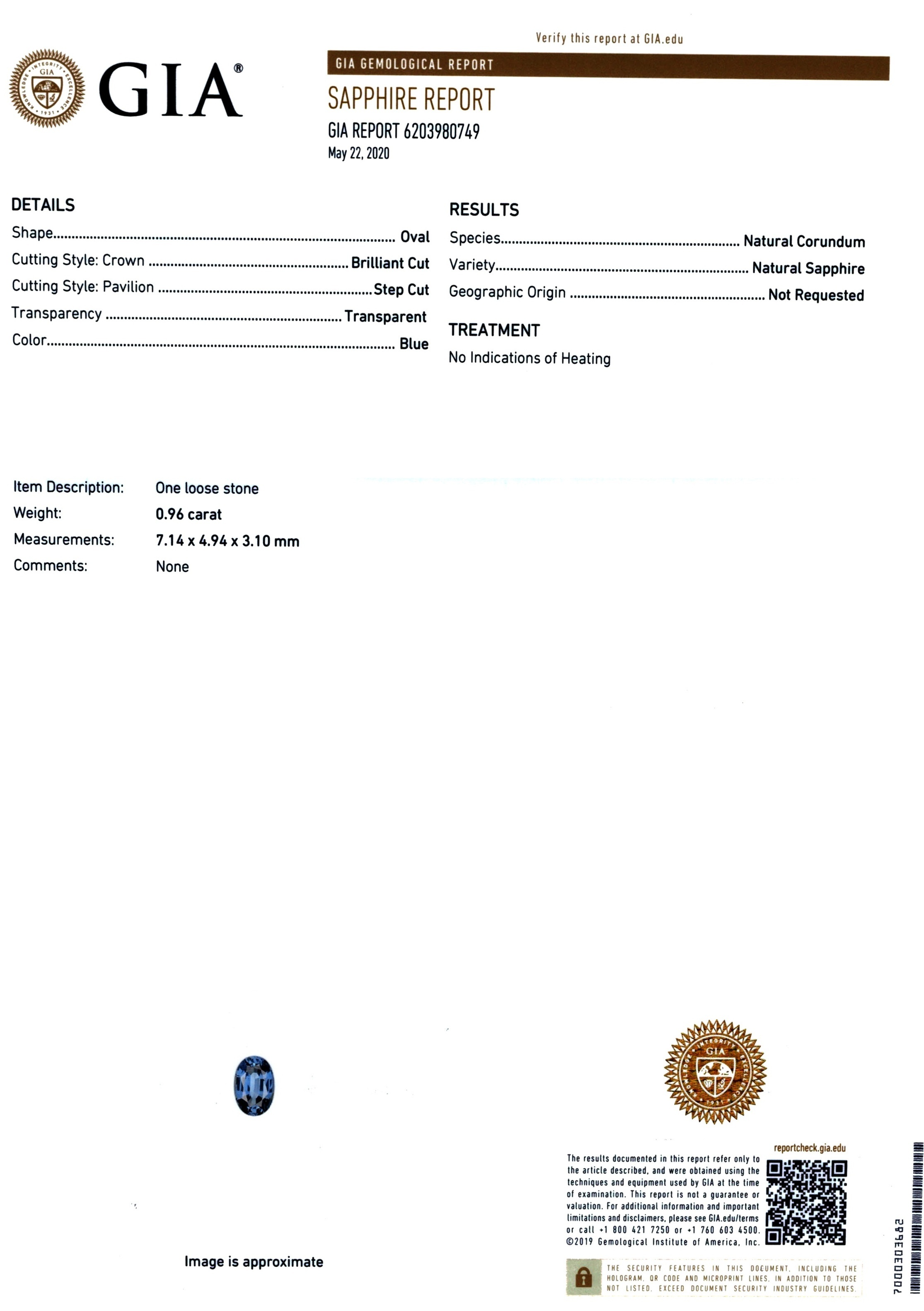 0.96 Ct. Blue Sapphire from Ceylon (Sri Lanka)