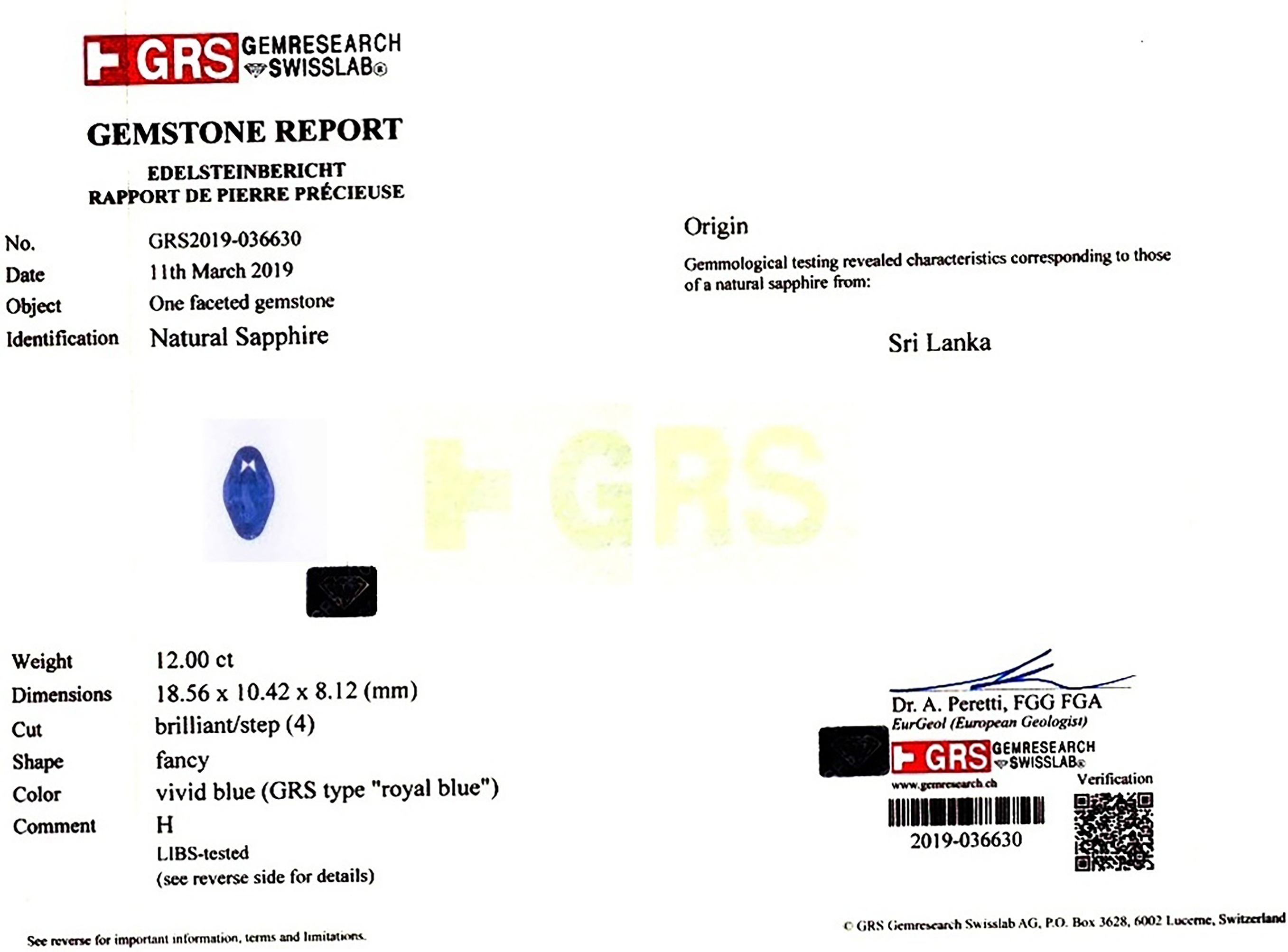 12.00 Ct. Blue Sapphire from Ceylon (Sri Lanka)