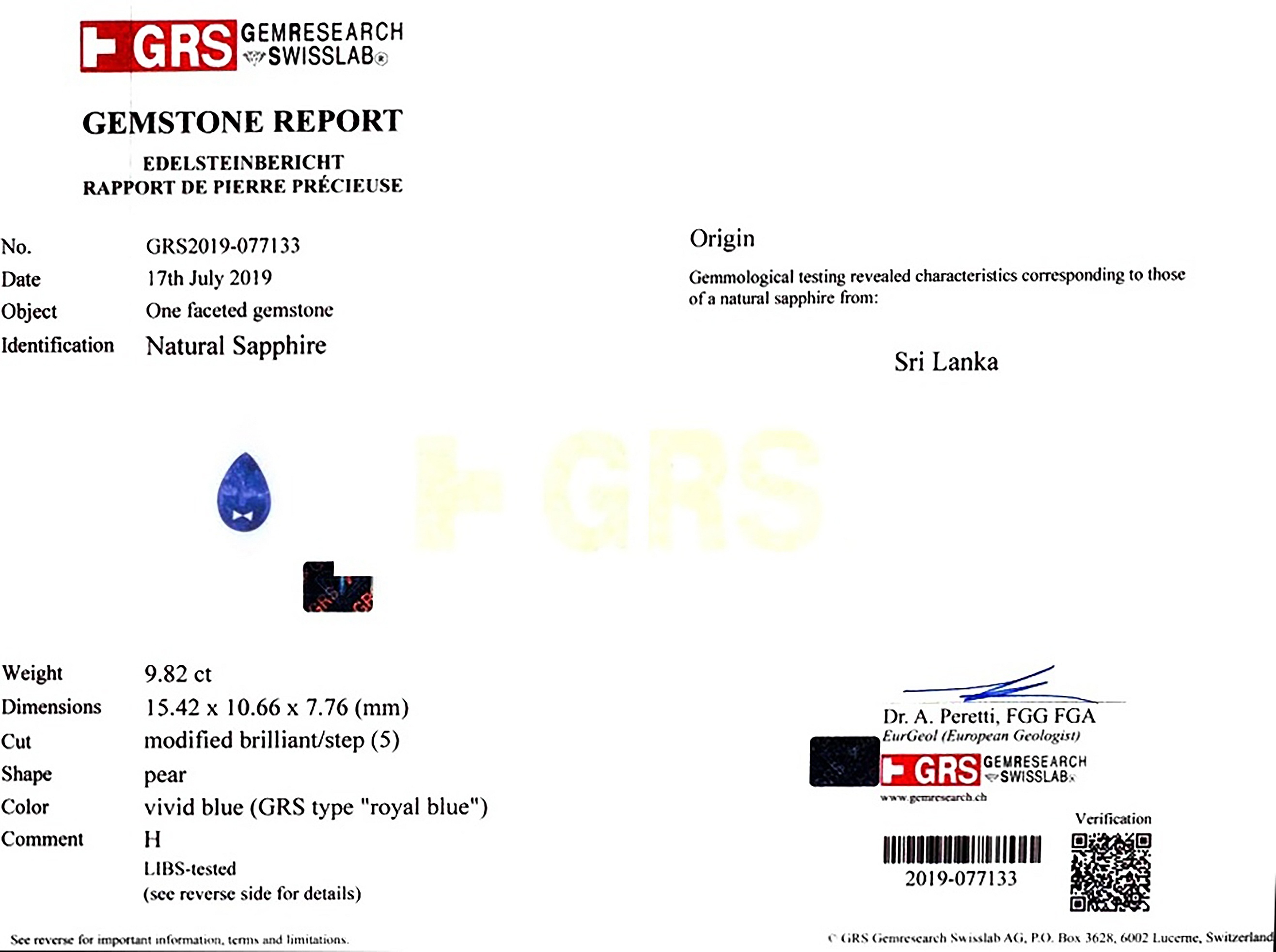 9.82 Ct. Blue Sapphire from Ceylon (Sri Lanka)