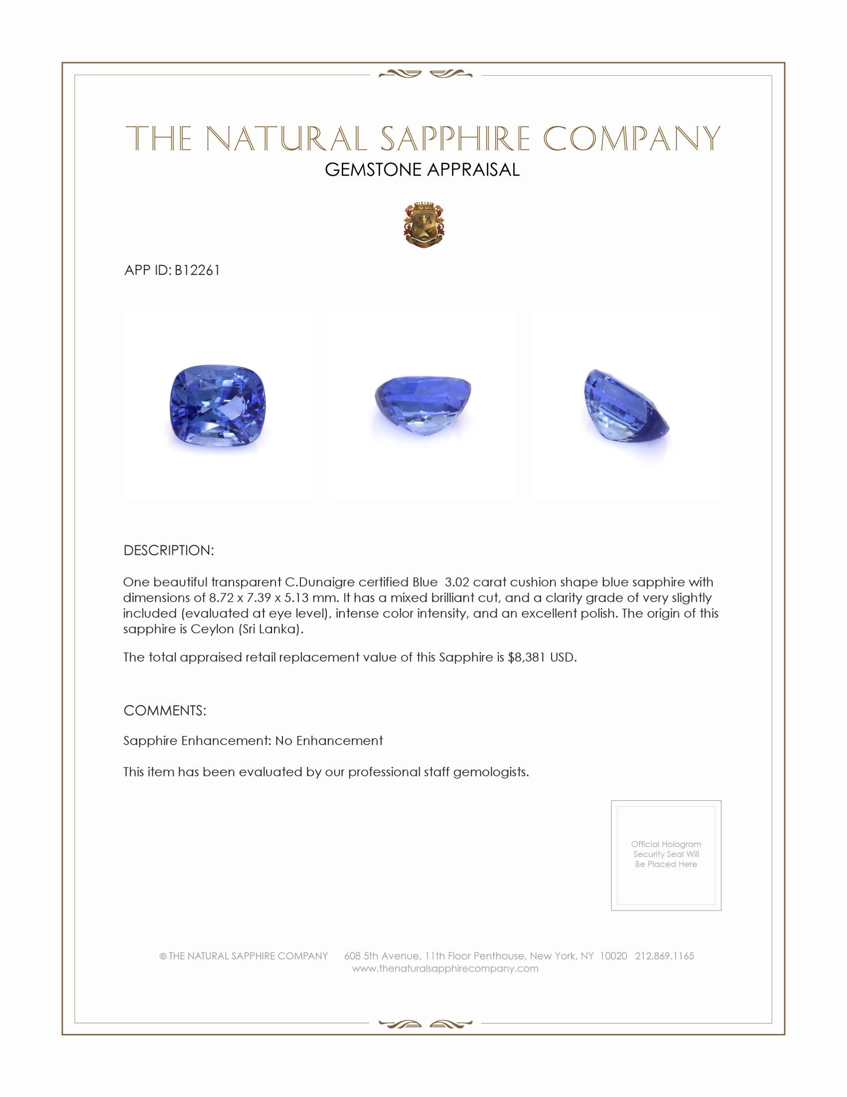 3.02 Ct. Blue Sapphire from Ceylon (Sri Lanka)