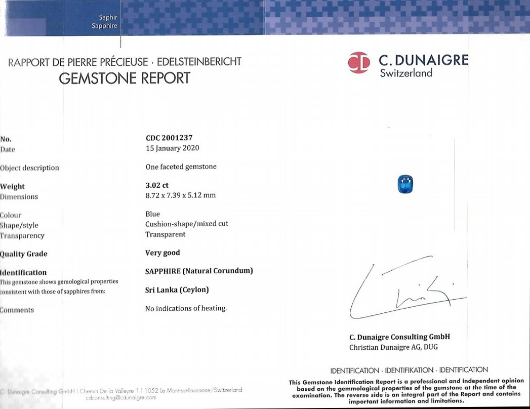 3.02 Ct. Blue Sapphire from Ceylon (Sri Lanka)