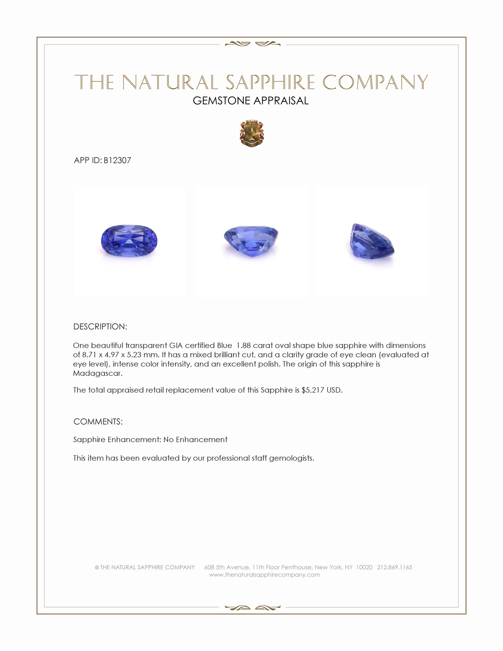 1.88 Ct. Blue Sapphire from Madagascar