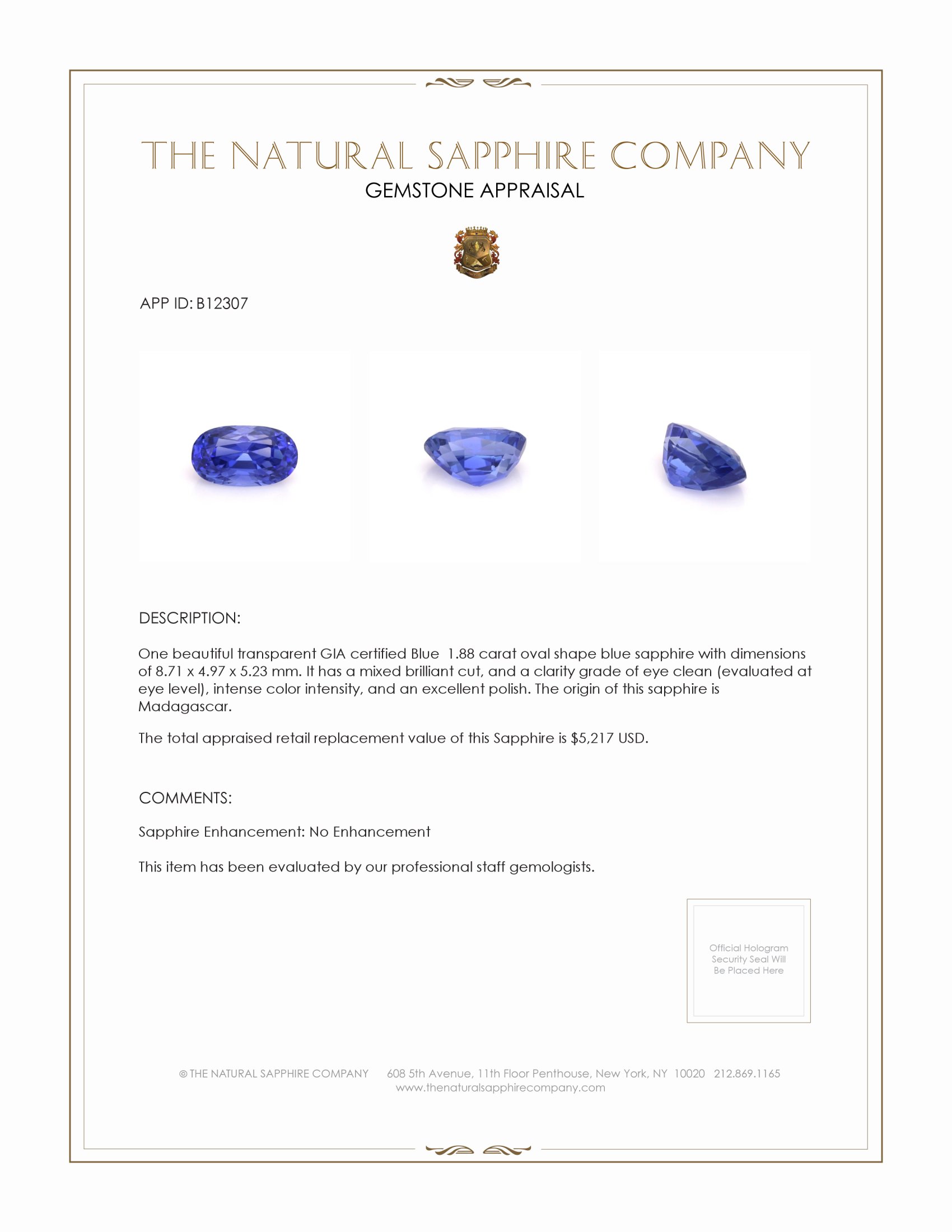 1.88 Ct. Blue Sapphire from Madagascar