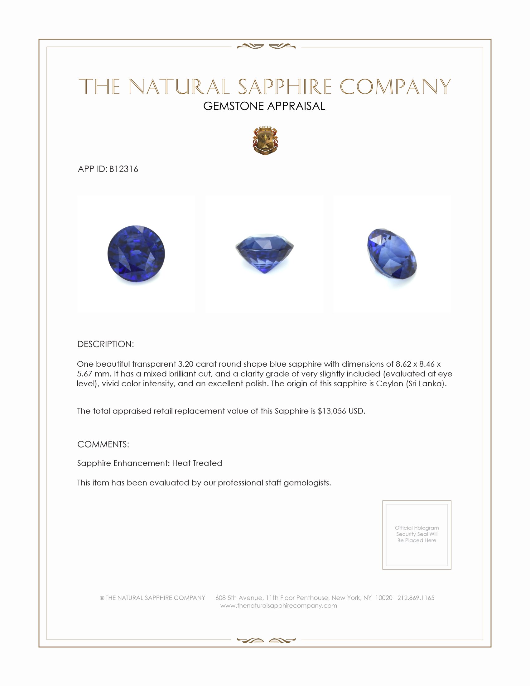 3.20 Ct. Blue Sapphire from Ceylon (Sri Lanka)
