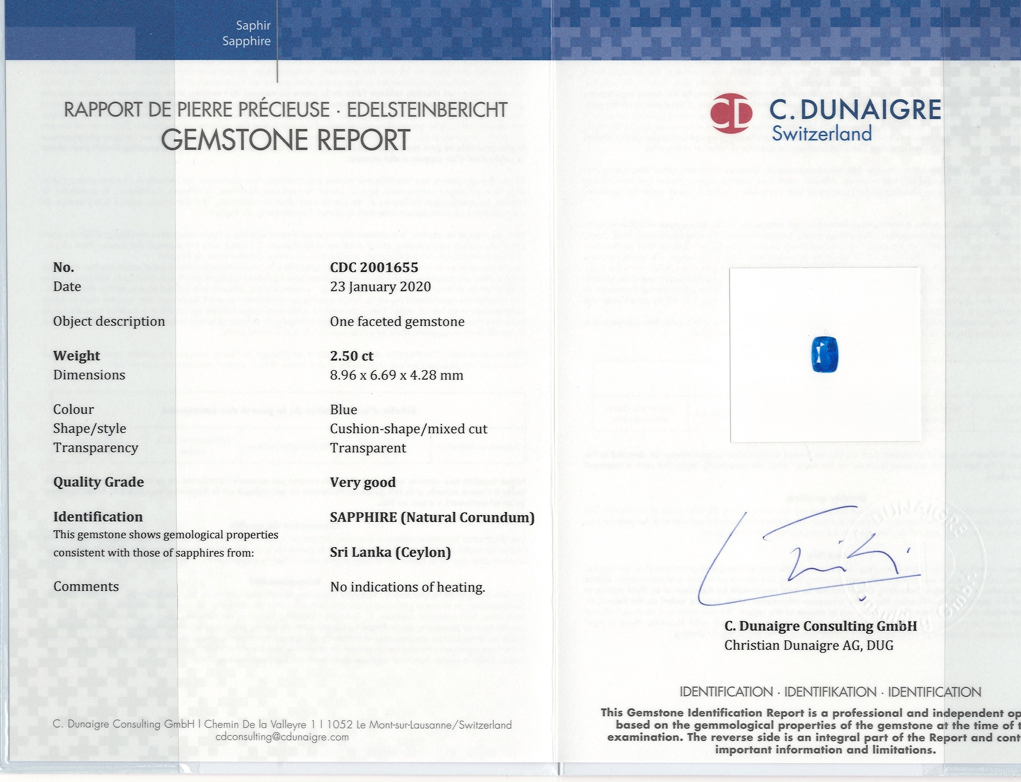 2.50 Ct. Blue Sapphire from Ceylon (Sri Lanka)