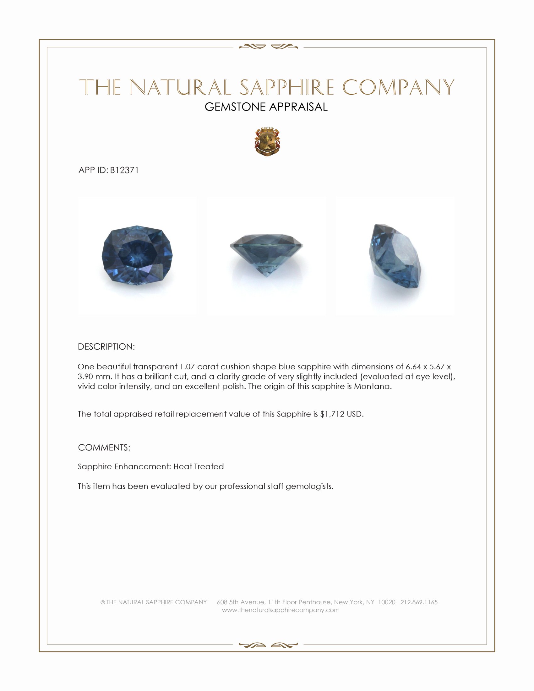 1.07 Ct. Blue Sapphire from Montana