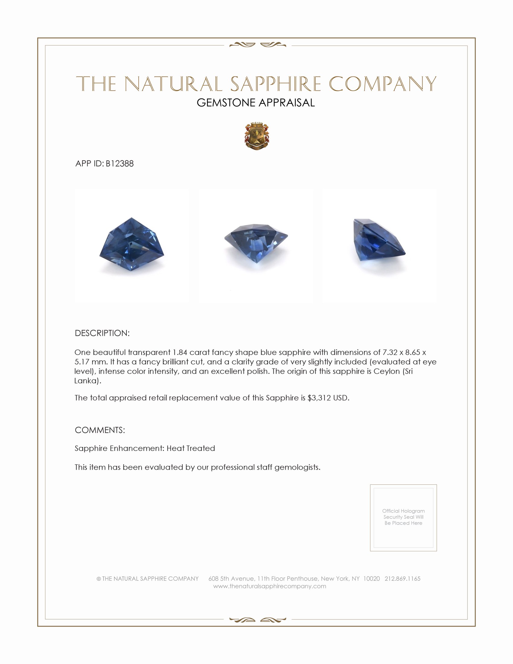 1.84 Ct. Blue Sapphire from Ceylon (Sri Lanka)
