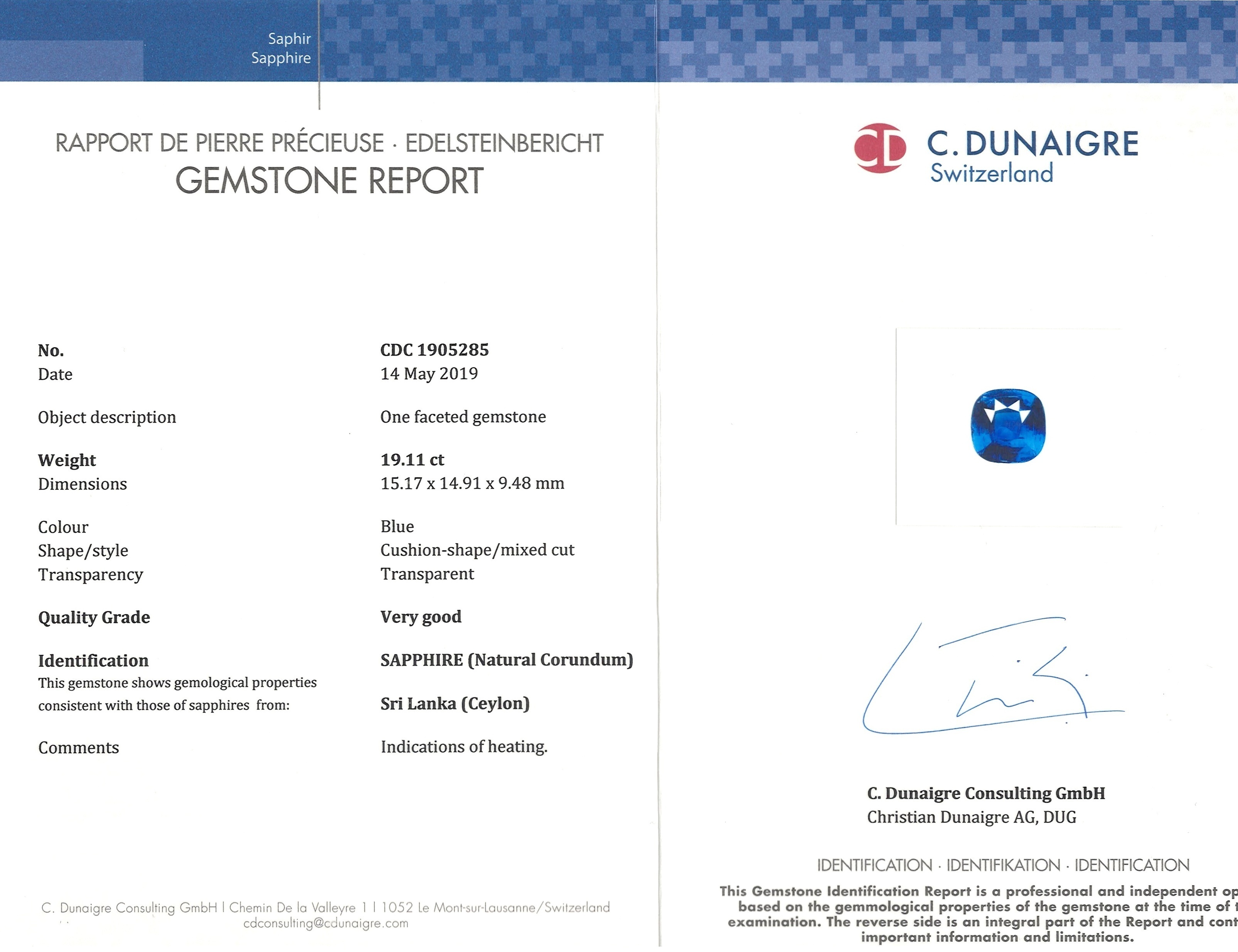 19.11 Ct. Blue Sapphire from Ceylon (Sri Lanka)