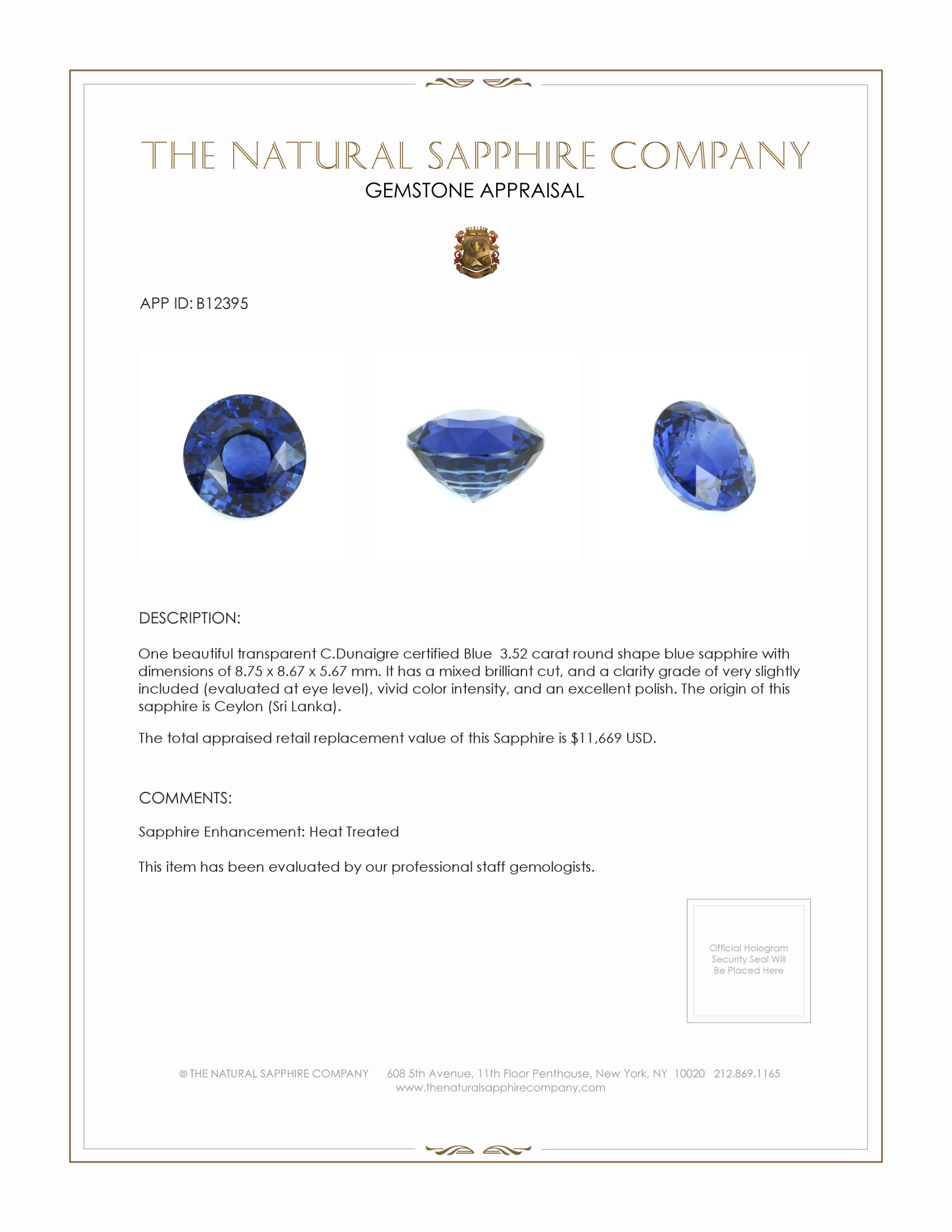 3.52 Ct. Blue Sapphire from Ceylon (Sri Lanka)