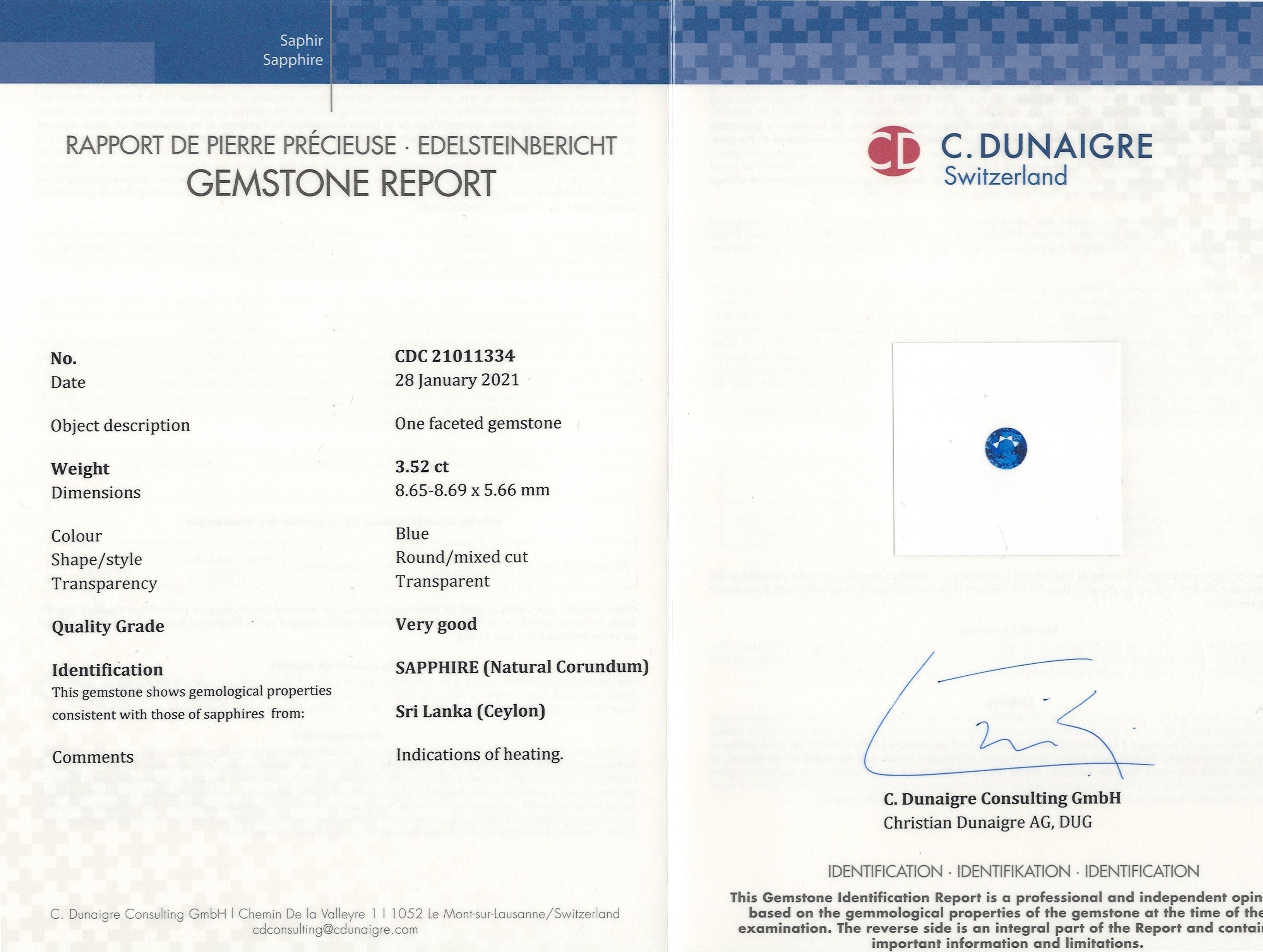 3.52 Ct. Blue Sapphire from Ceylon (Sri Lanka)