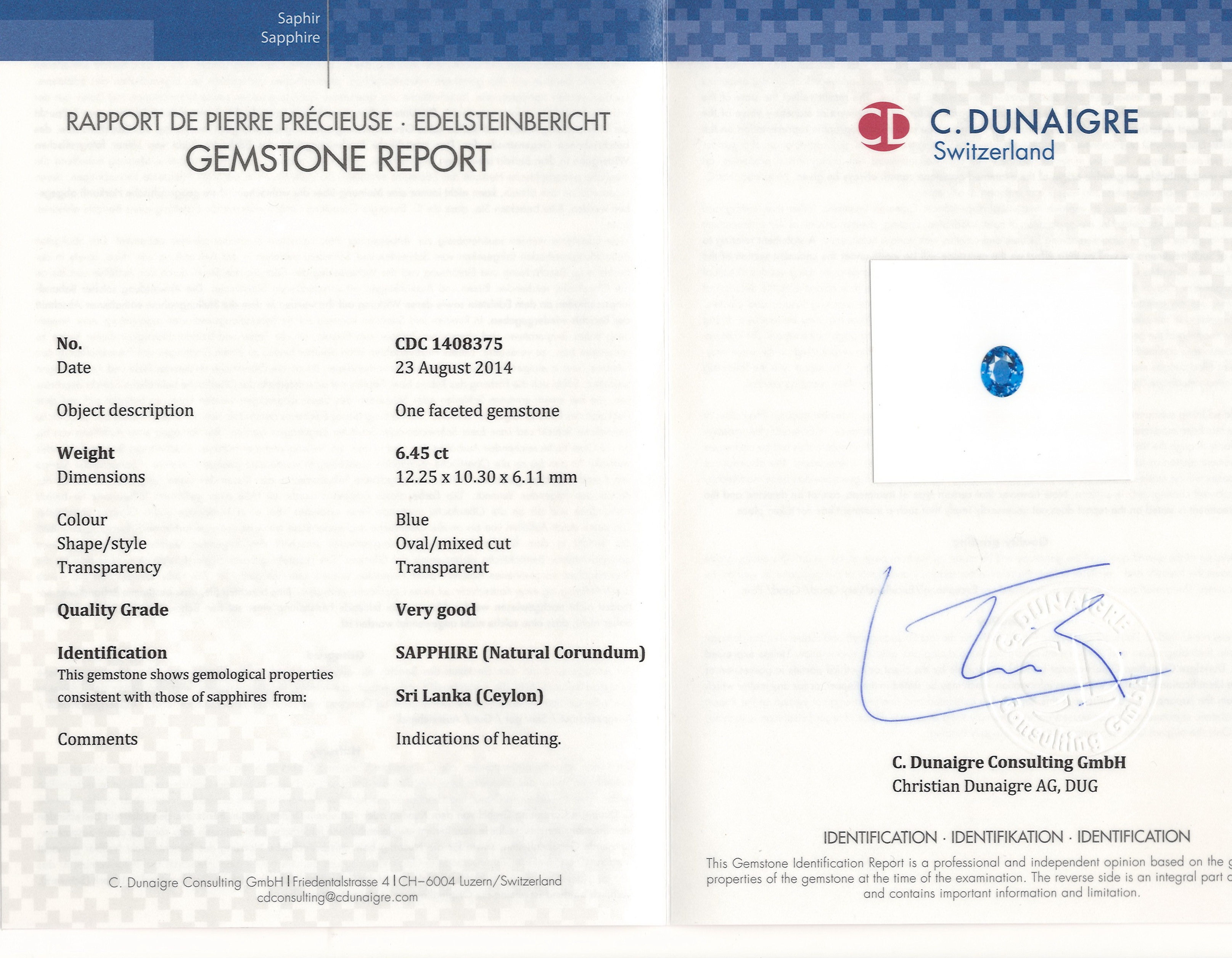 6.45 Ct. Blue Sapphire from Ceylon (Sri Lanka)