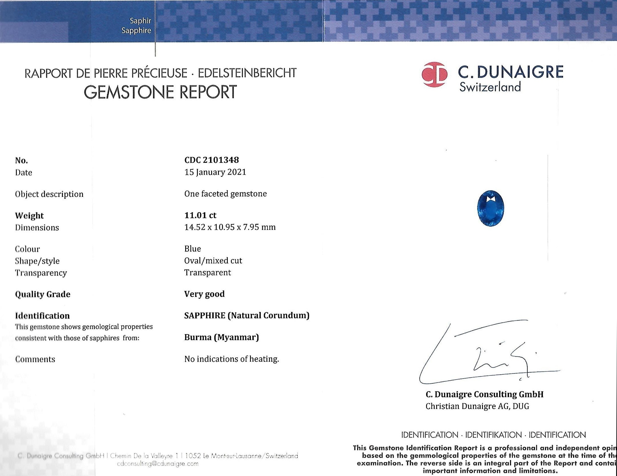 11.01 Ct. Blue Sapphire from Burma (Myanmar)