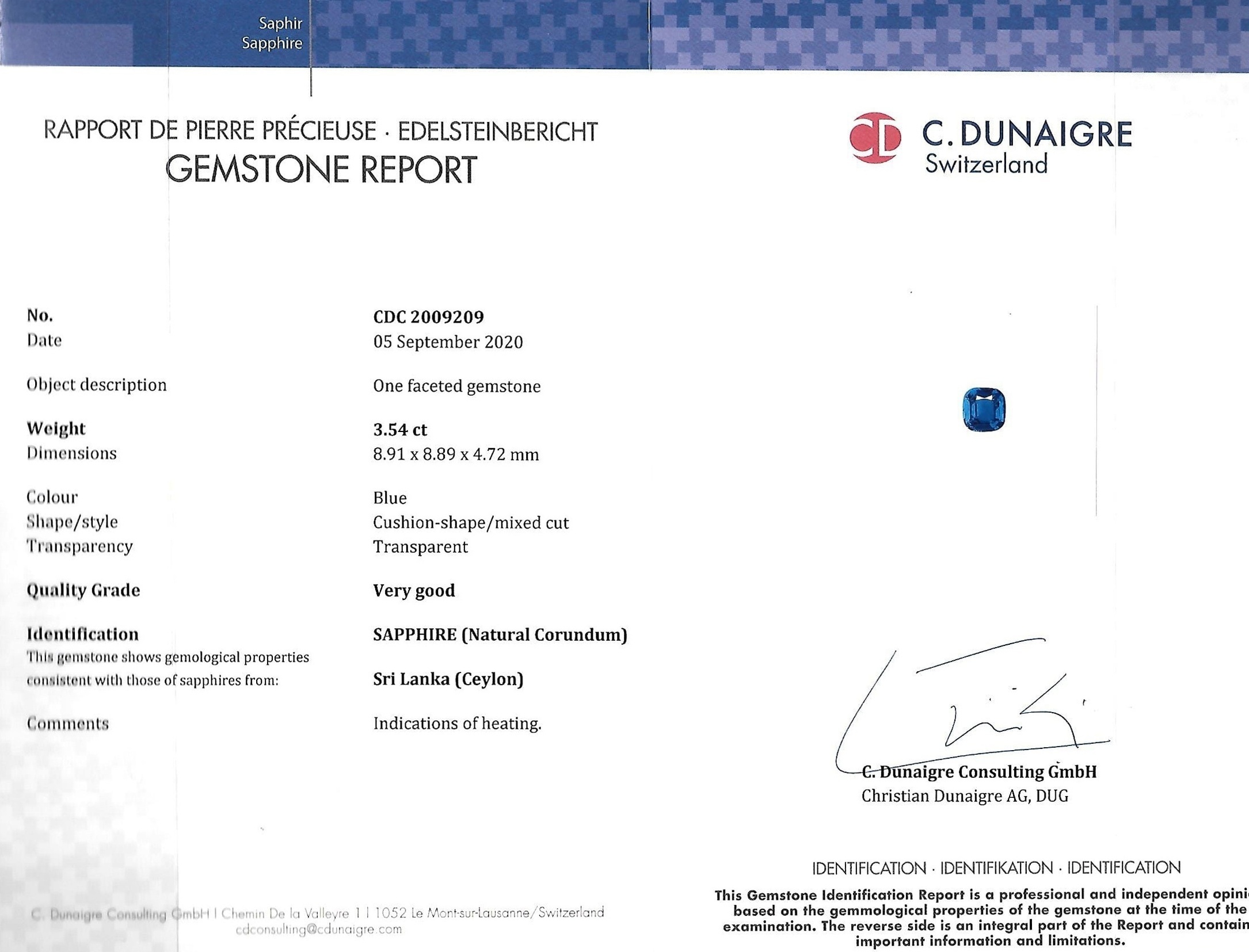 3.54 Ct. Blue Sapphire from Ceylon (Sri Lanka)