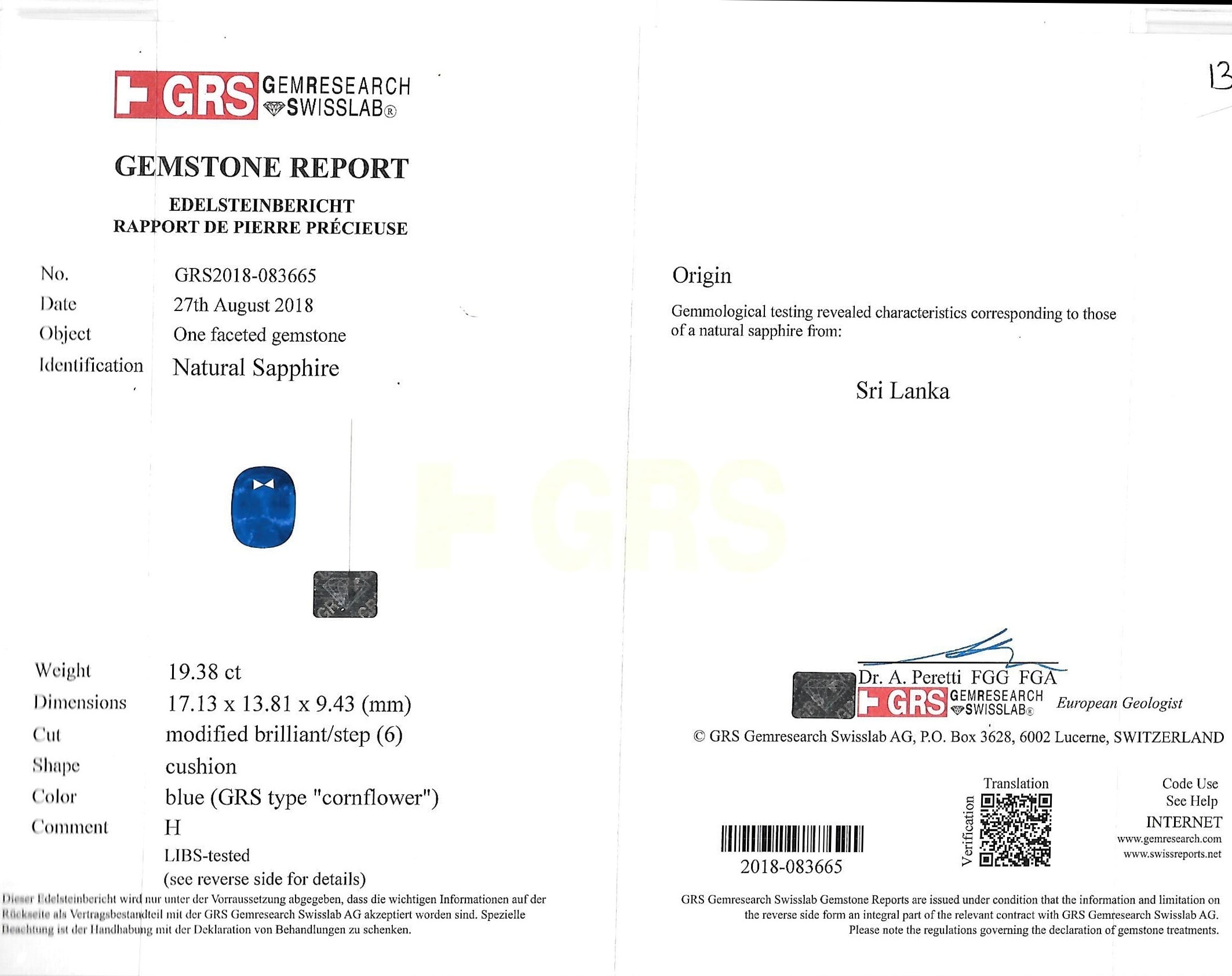 19.38 Ct. Blue Sapphire from Ceylon (Sri Lanka)