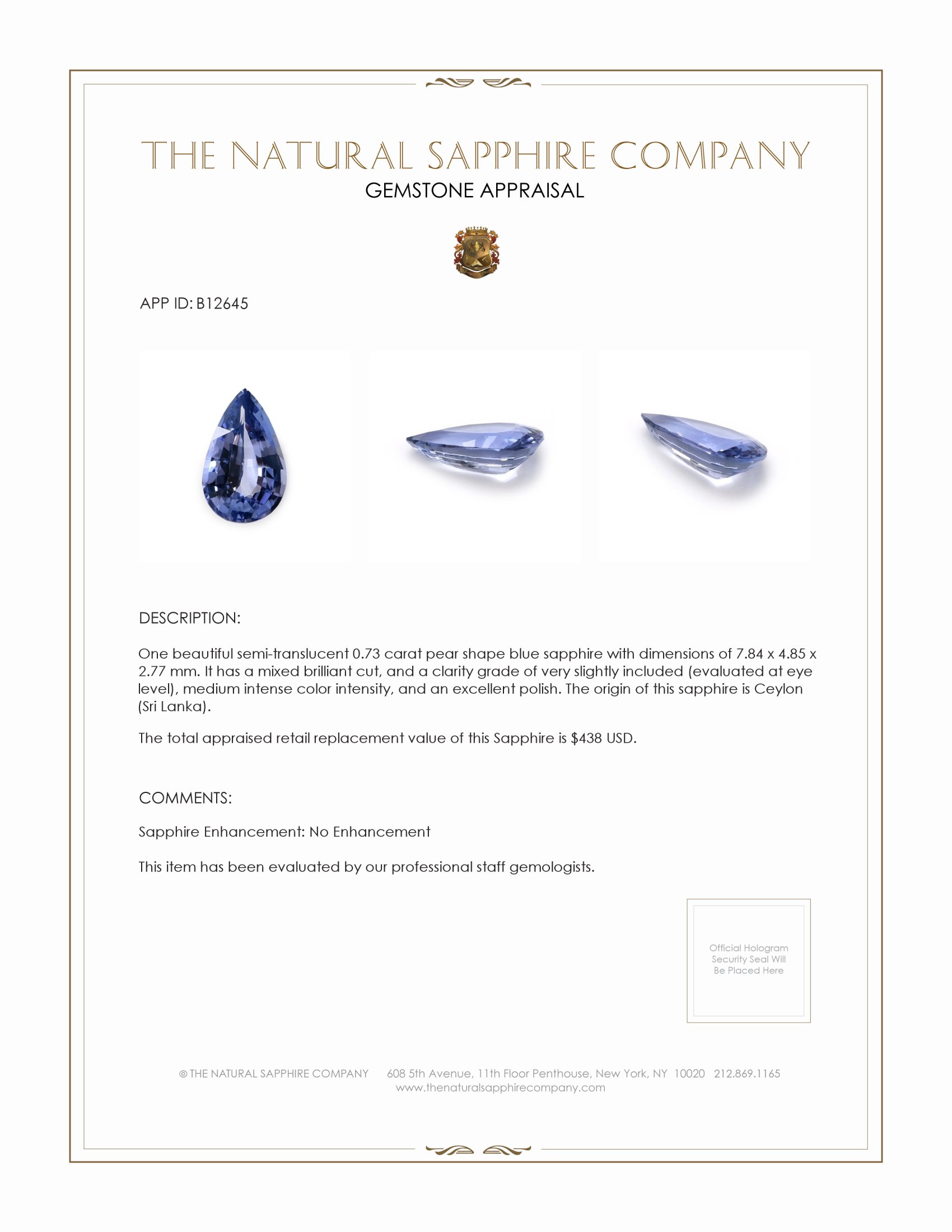 0.73 Ct. Blue Sapphire from Ceylon (Sri Lanka)