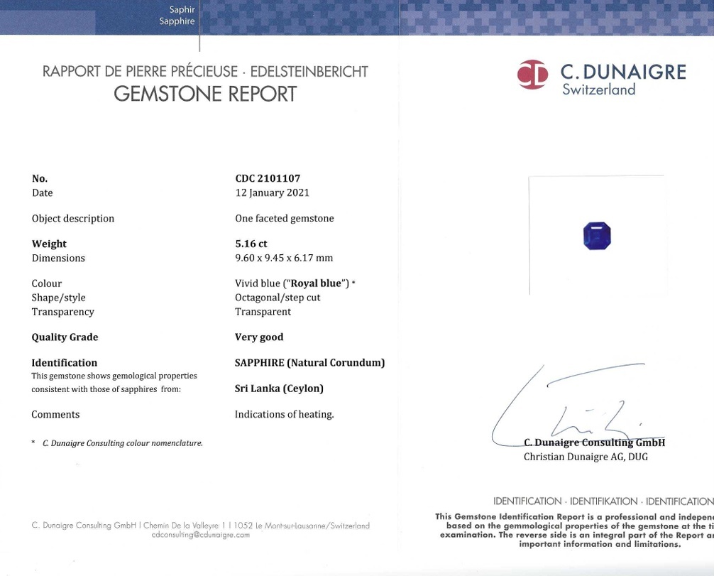 5.16 Ct. Blue Sapphire from Ceylon (Sri Lanka)