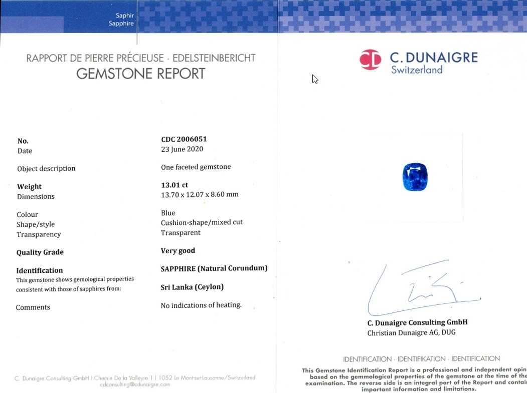 13.01 Ct. Blue Sapphire from Ceylon (Sri Lanka)
