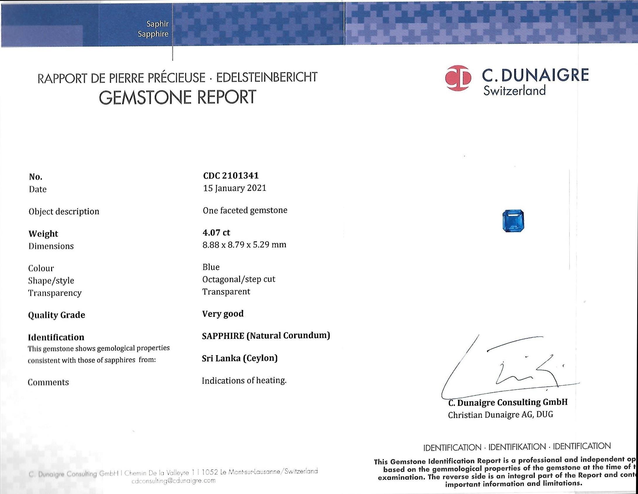 4.08 Ct. Blue Sapphire from Ceylon (Sri Lanka)