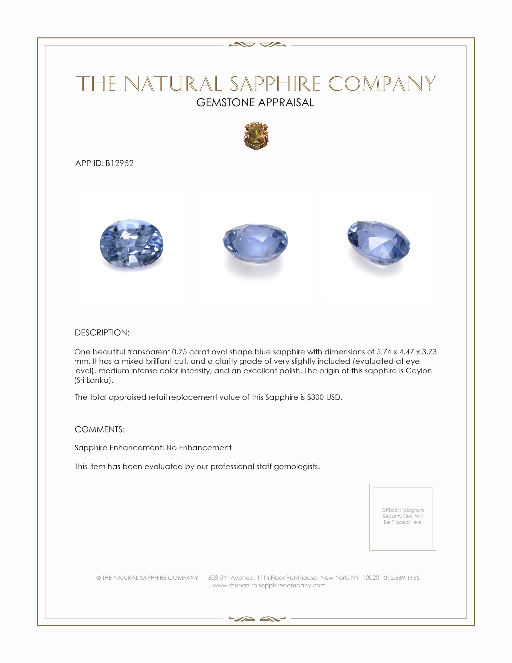 0.75 Ct. Blue Sapphire from Ceylon (Sri Lanka)