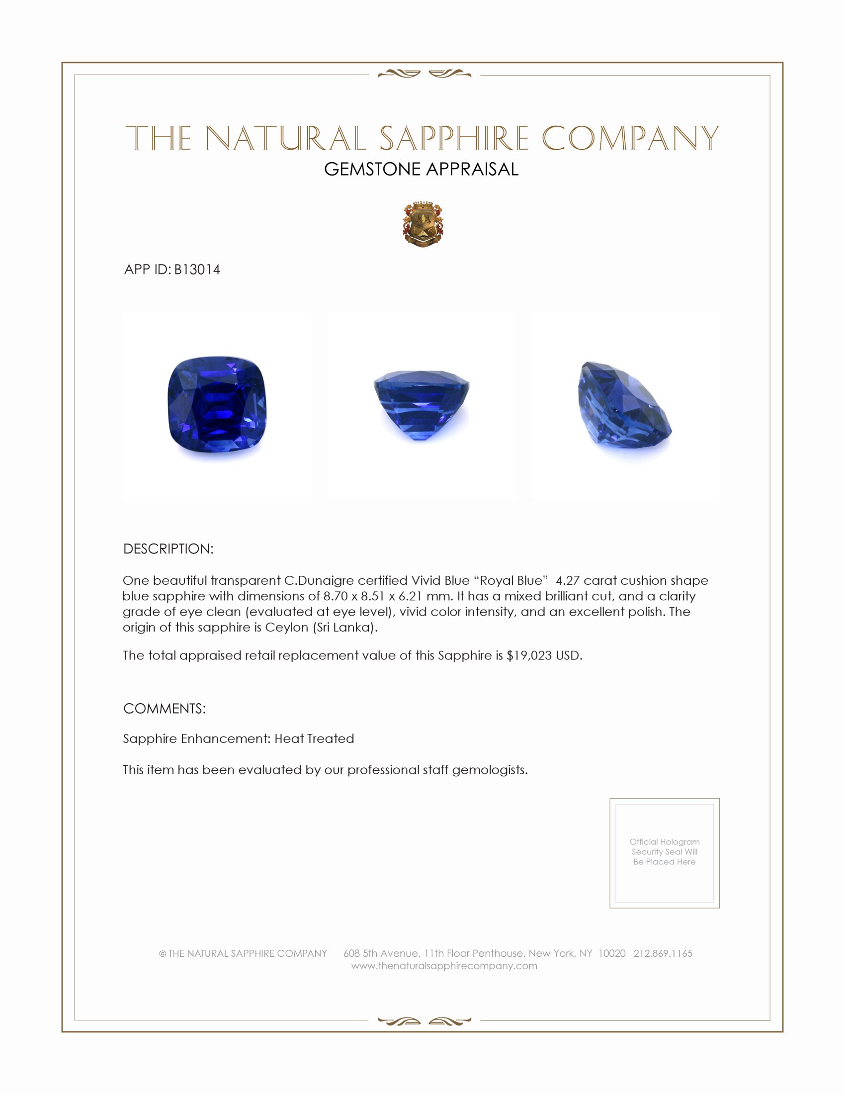 4.27 Ct. Blue Sapphire from Ceylon (Sri Lanka)