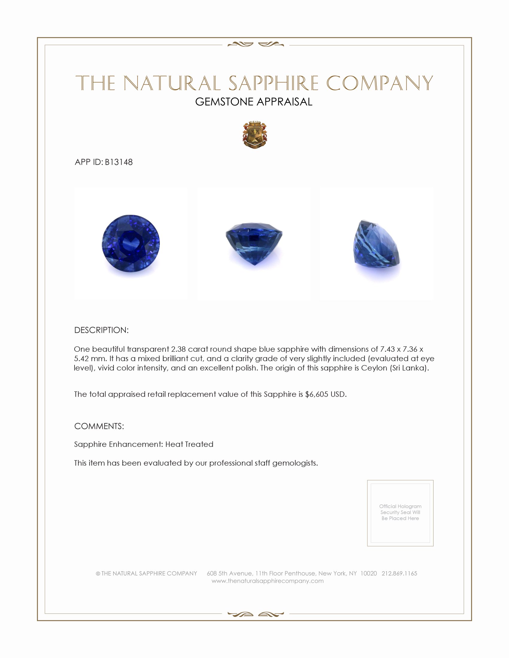 2.38 Ct. Blue Sapphire from Ceylon (Sri Lanka)