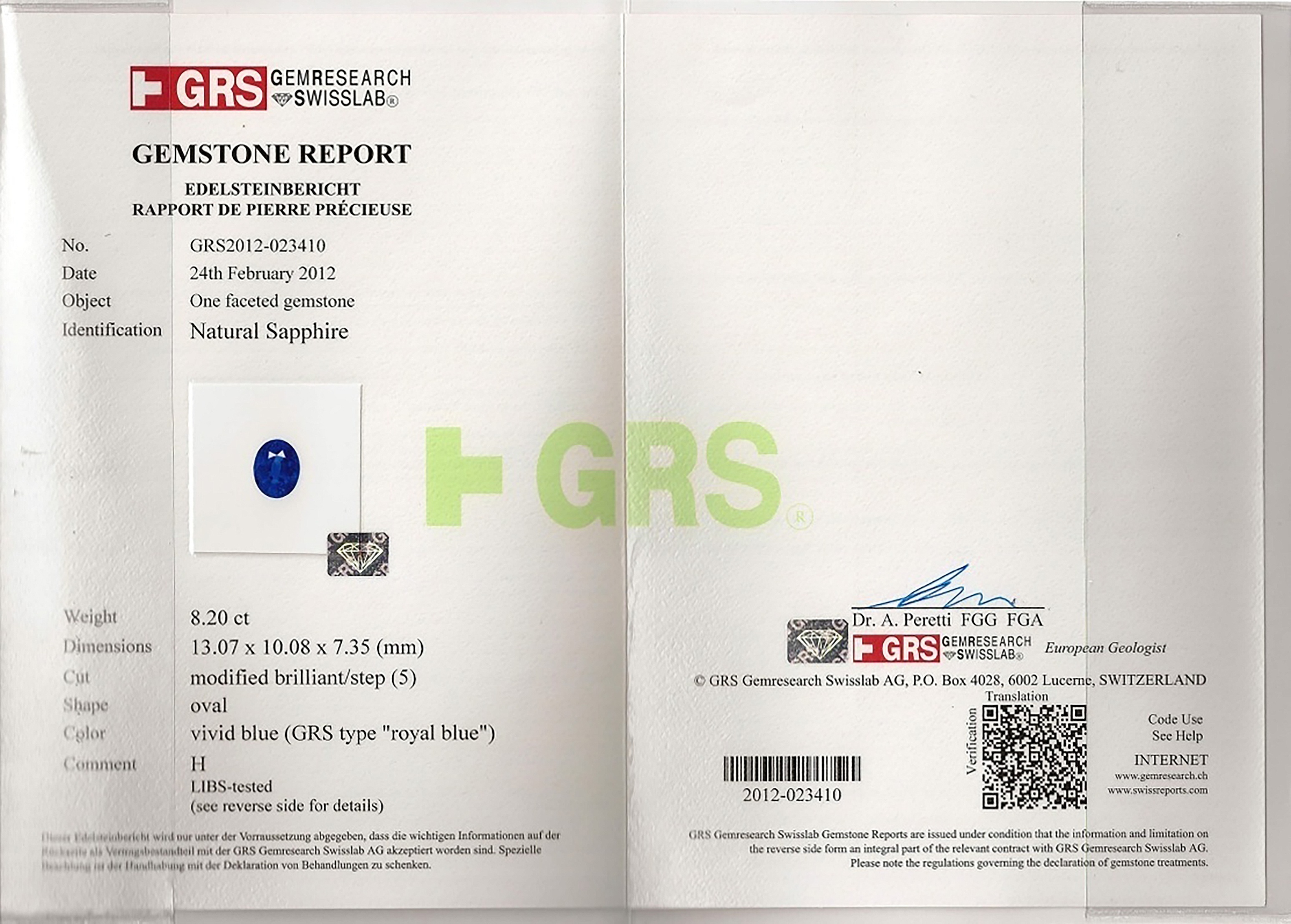 8.20 Ct. Blue Sapphire from Ceylon (Sri Lanka)