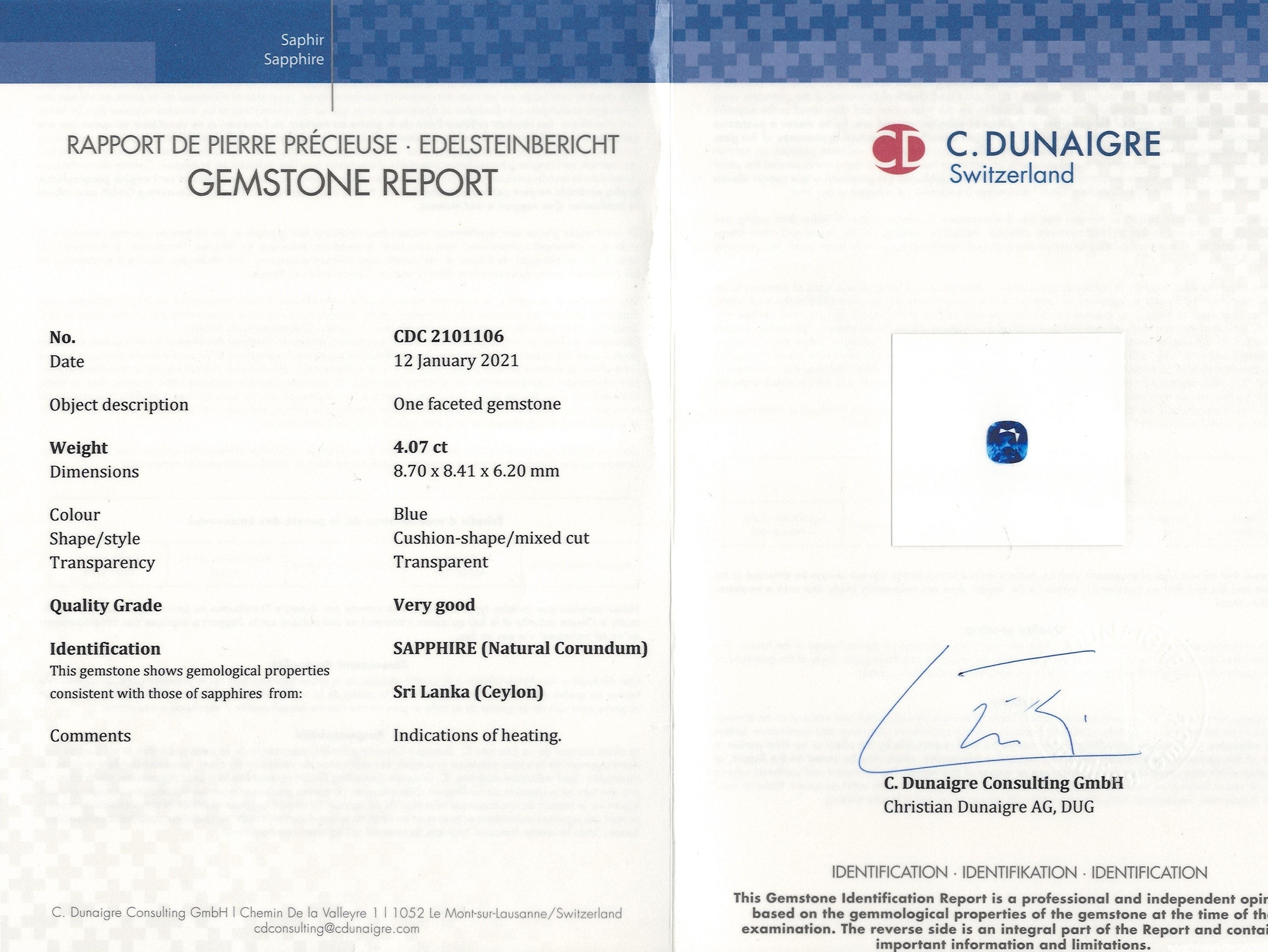 4.07 Ct. Blue Sapphire from Ceylon (Sri Lanka)