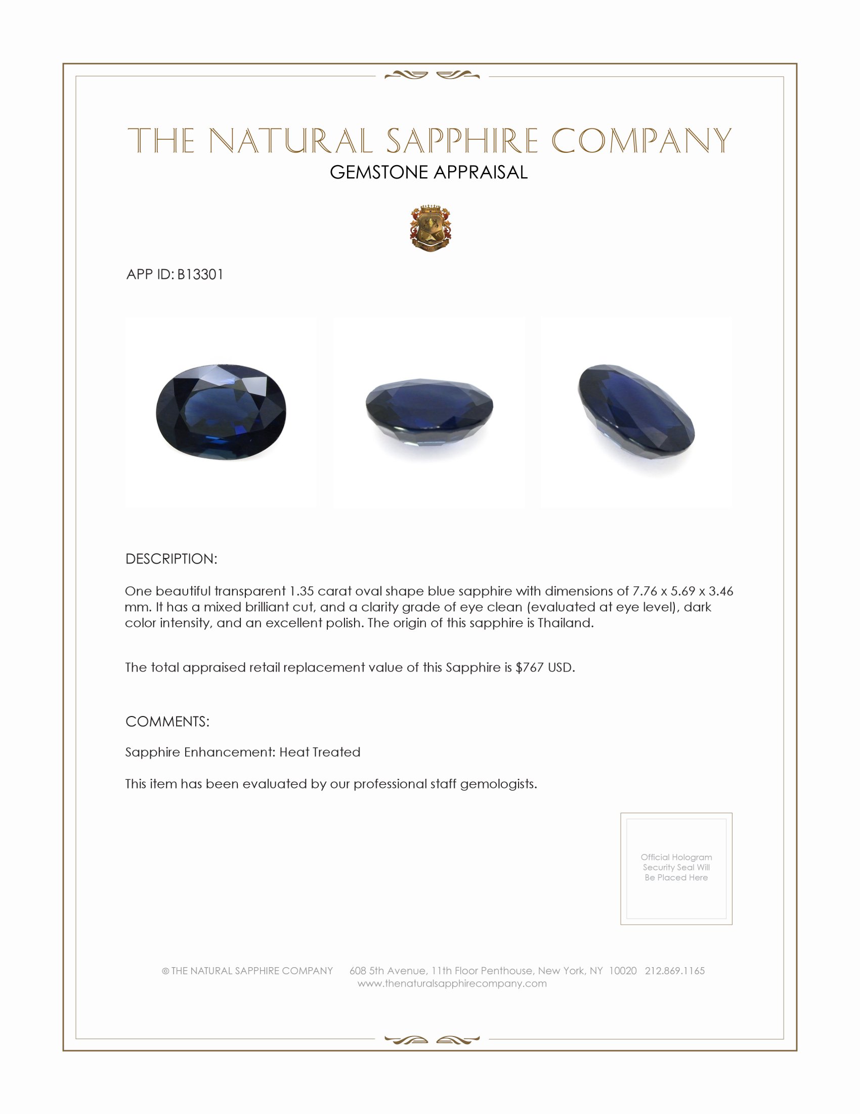 1.35 Ct. Blue Sapphire from Thailand