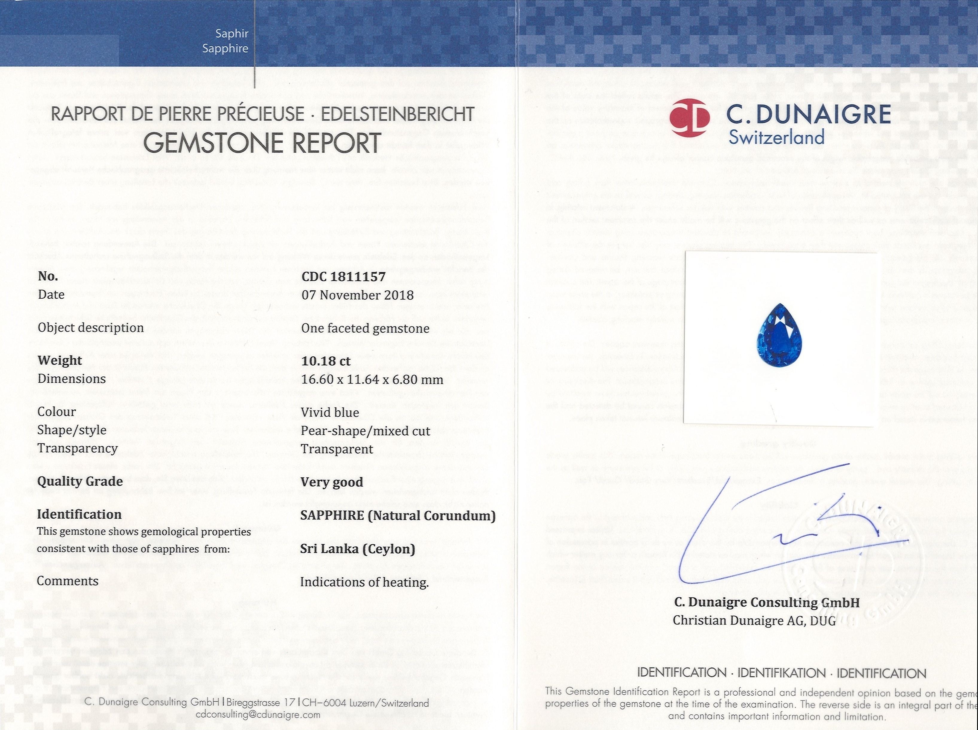 10.18 Ct. Blue Sapphire from Ceylon (Sri Lanka)