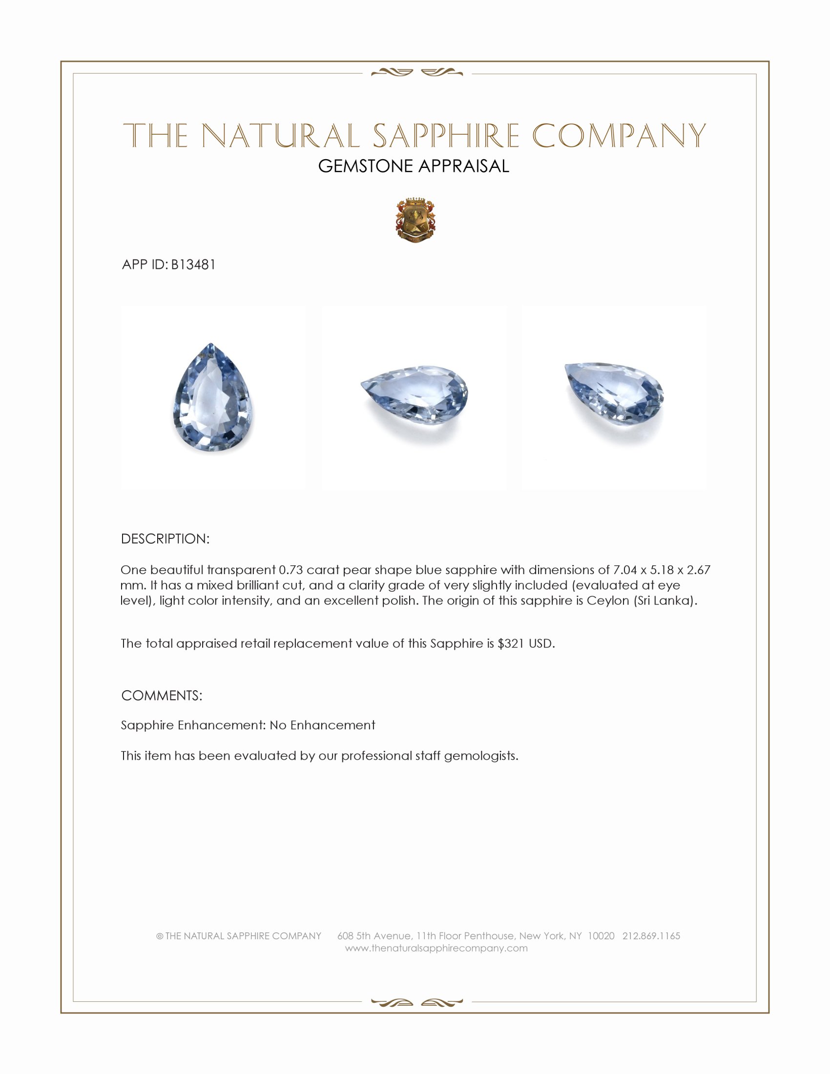 0.73 Ct. Blue Sapphire from Ceylon (Sri Lanka)