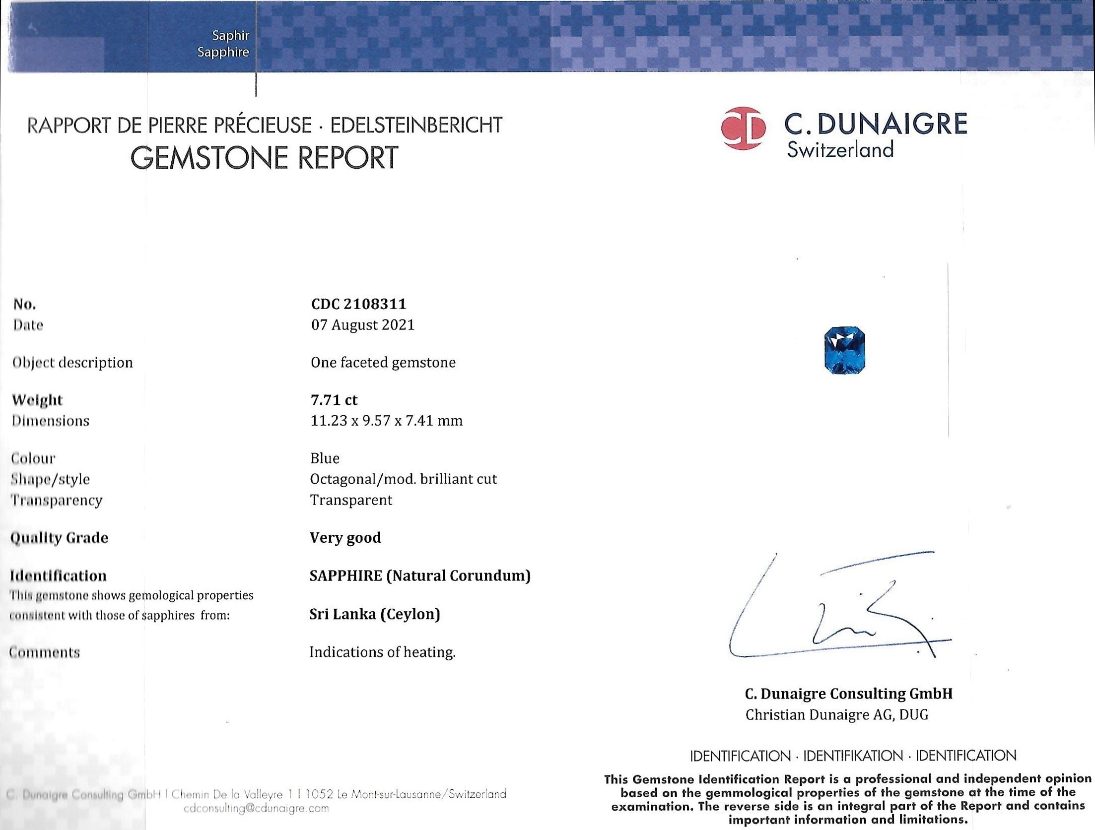 7.71 Ct. Blue Sapphire from Ceylon (Sri Lanka)