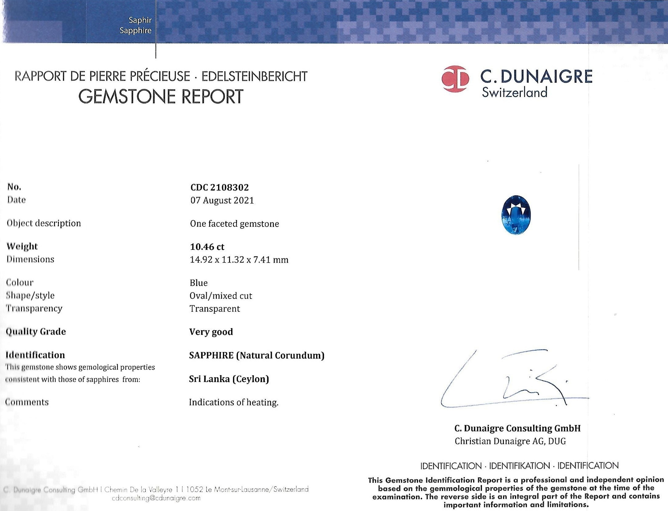 10.46 Ct. Blue Sapphire from Ceylon (Sri Lanka)