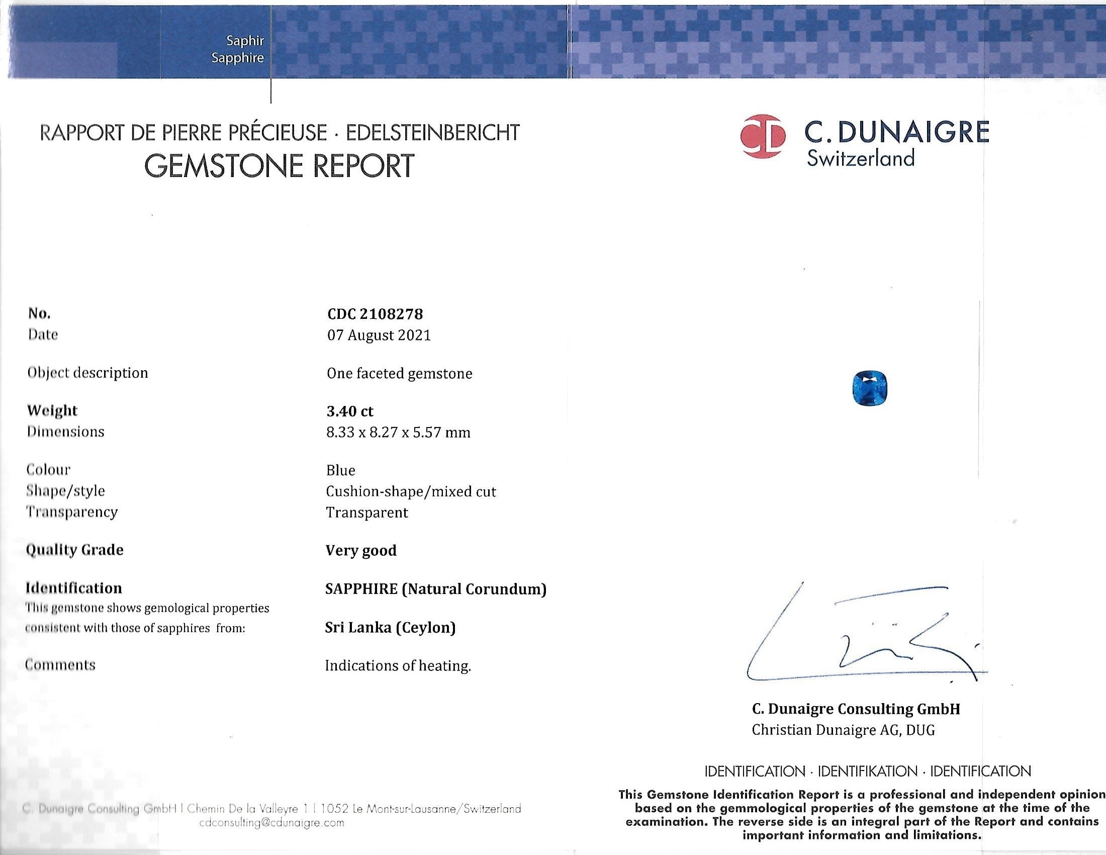 3.40 Ct. Blue Sapphire from Ceylon (Sri Lanka)