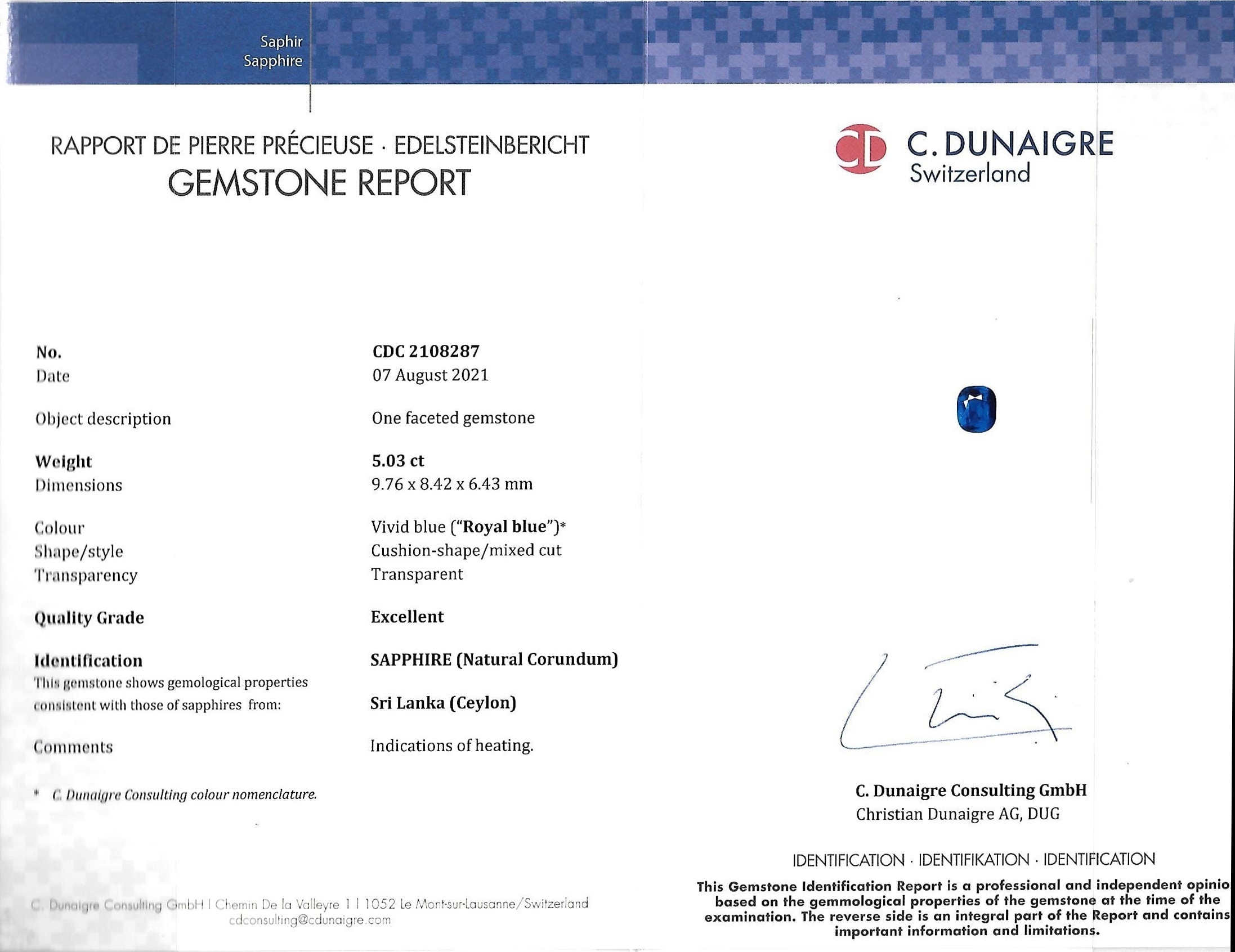 5.03 Ct. Blue Sapphire from Ceylon (Sri Lanka)