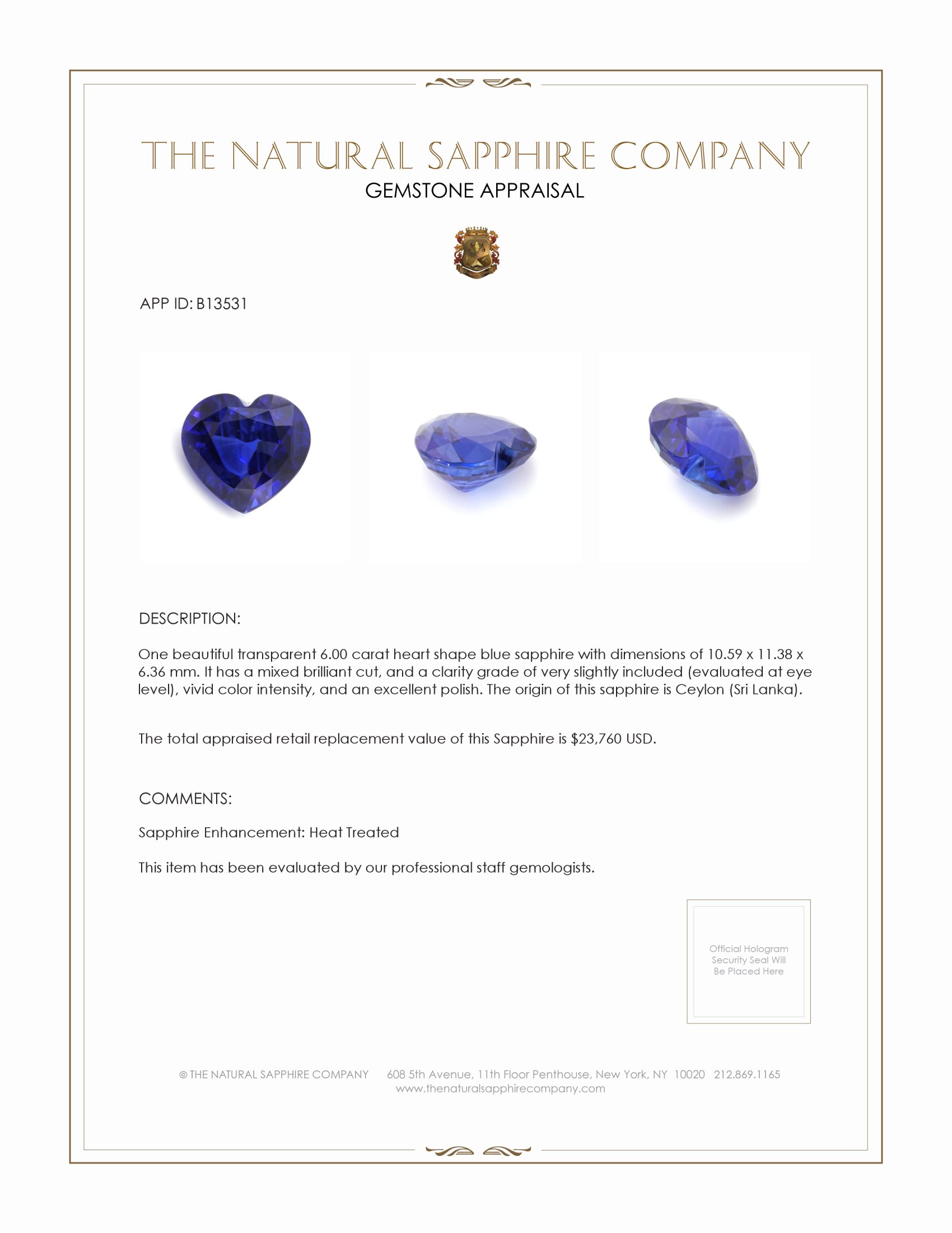 6.00 Ct. Blue Sapphire from Ceylon (Sri Lanka)