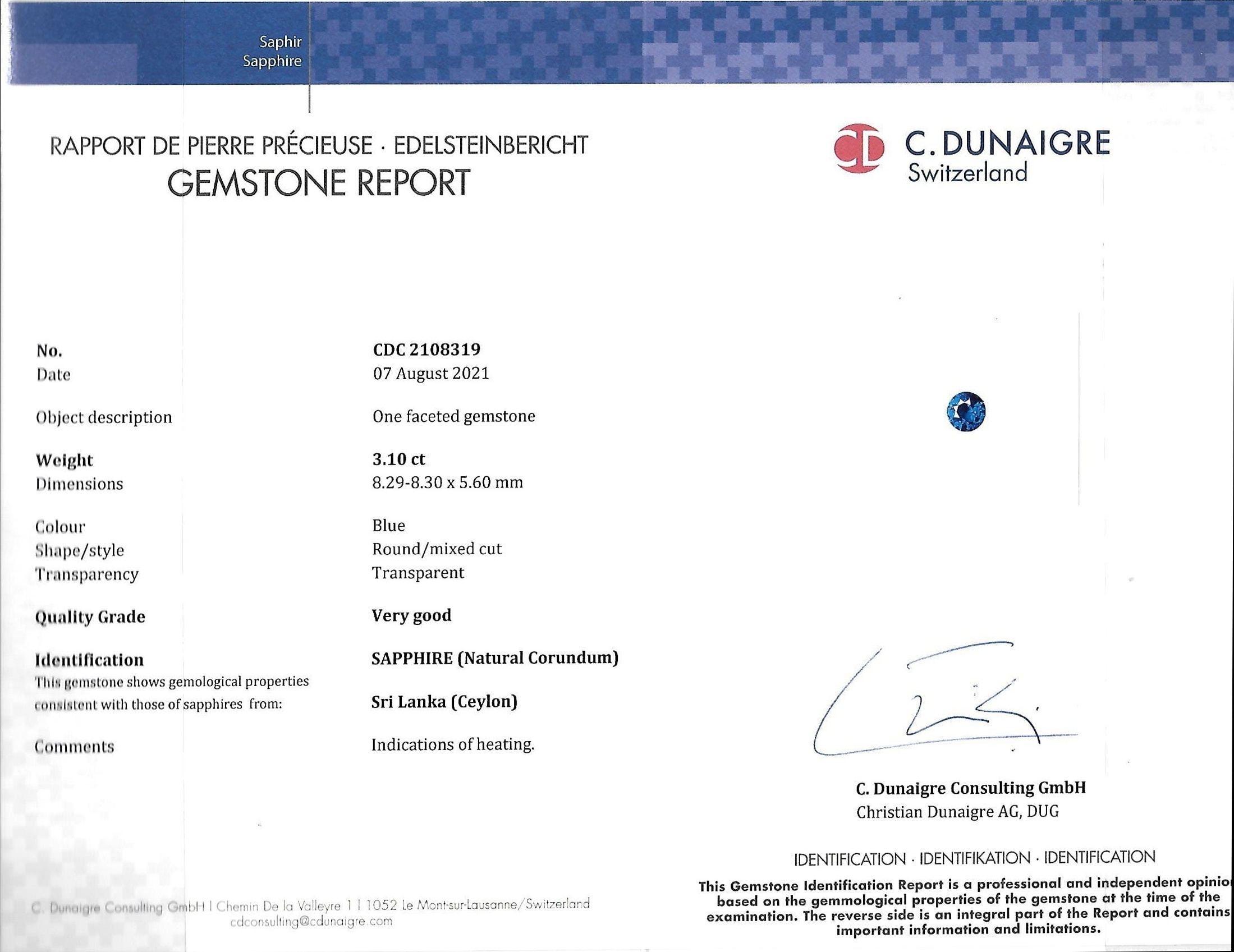 3.10 Ct. Blue Sapphire from Ceylon (Sri Lanka)