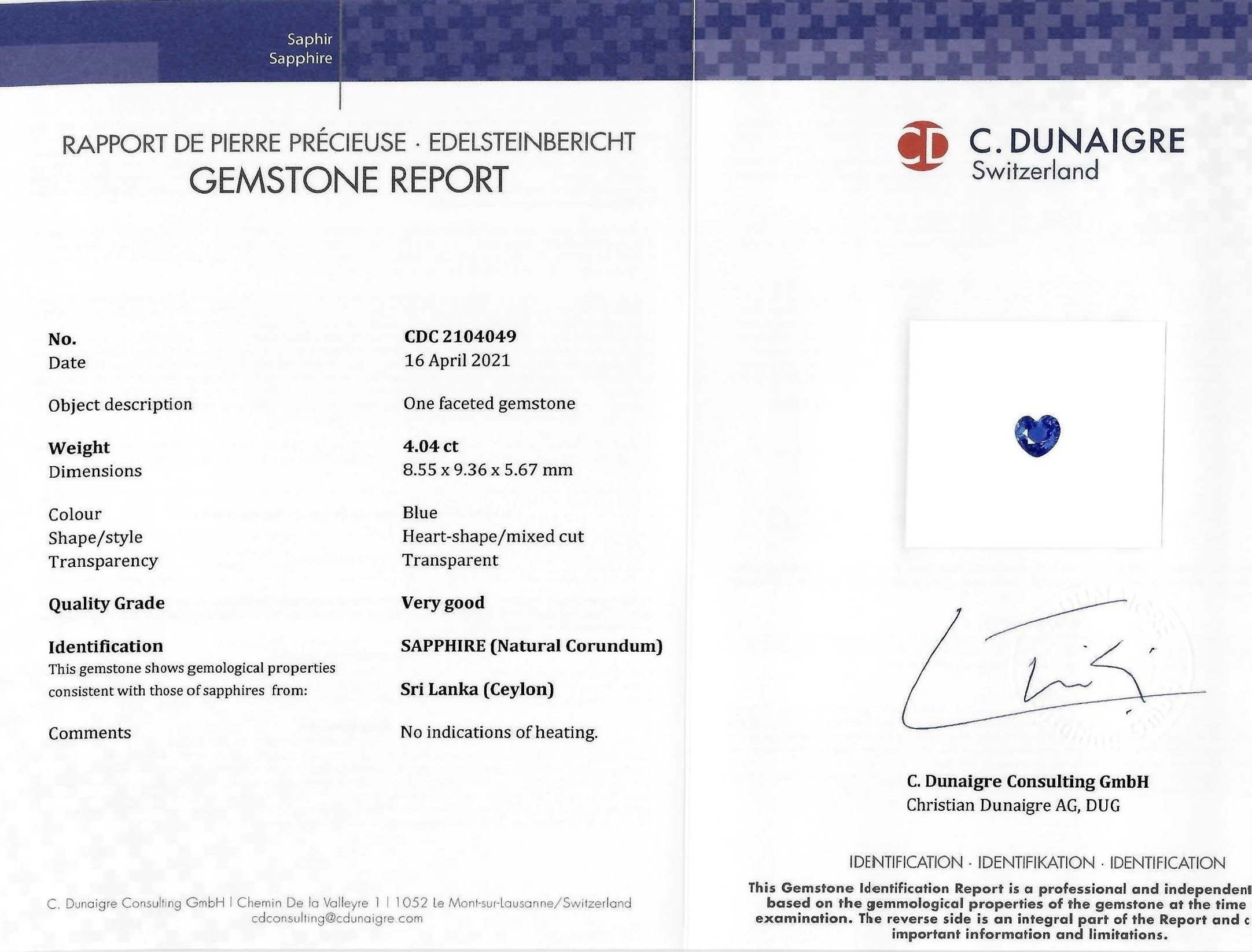 4.04 Ct. Blue Sapphire from Ceylon (Sri Lanka)