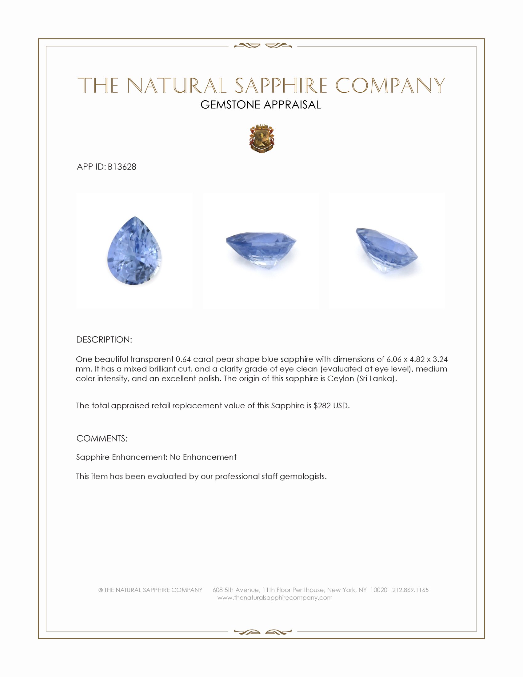 0.64 Ct. Blue Sapphire from Ceylon (Sri Lanka)