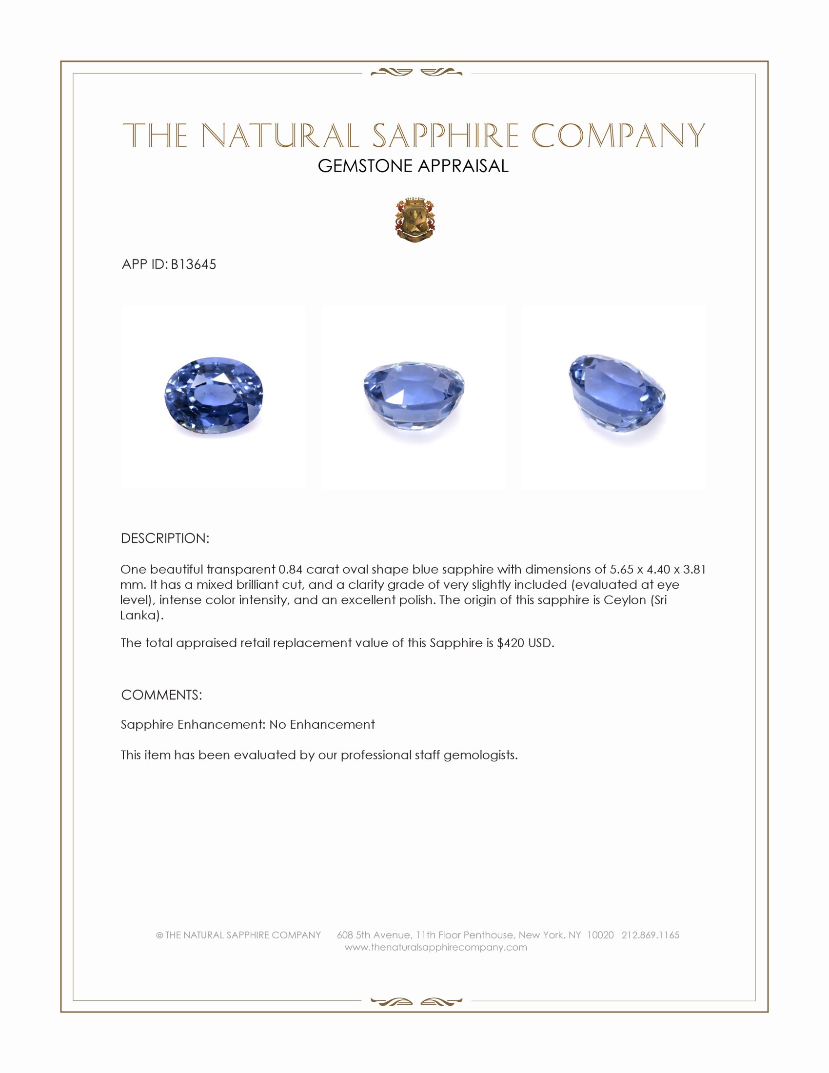 0.84 Ct. Blue Sapphire from Ceylon (Sri Lanka)