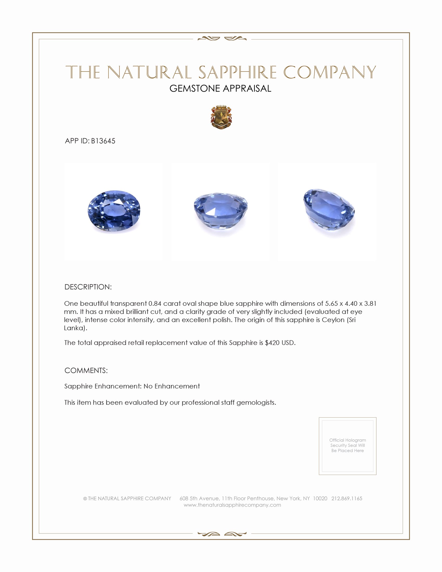0.84 Ct. Blue Sapphire from Ceylon (Sri Lanka)