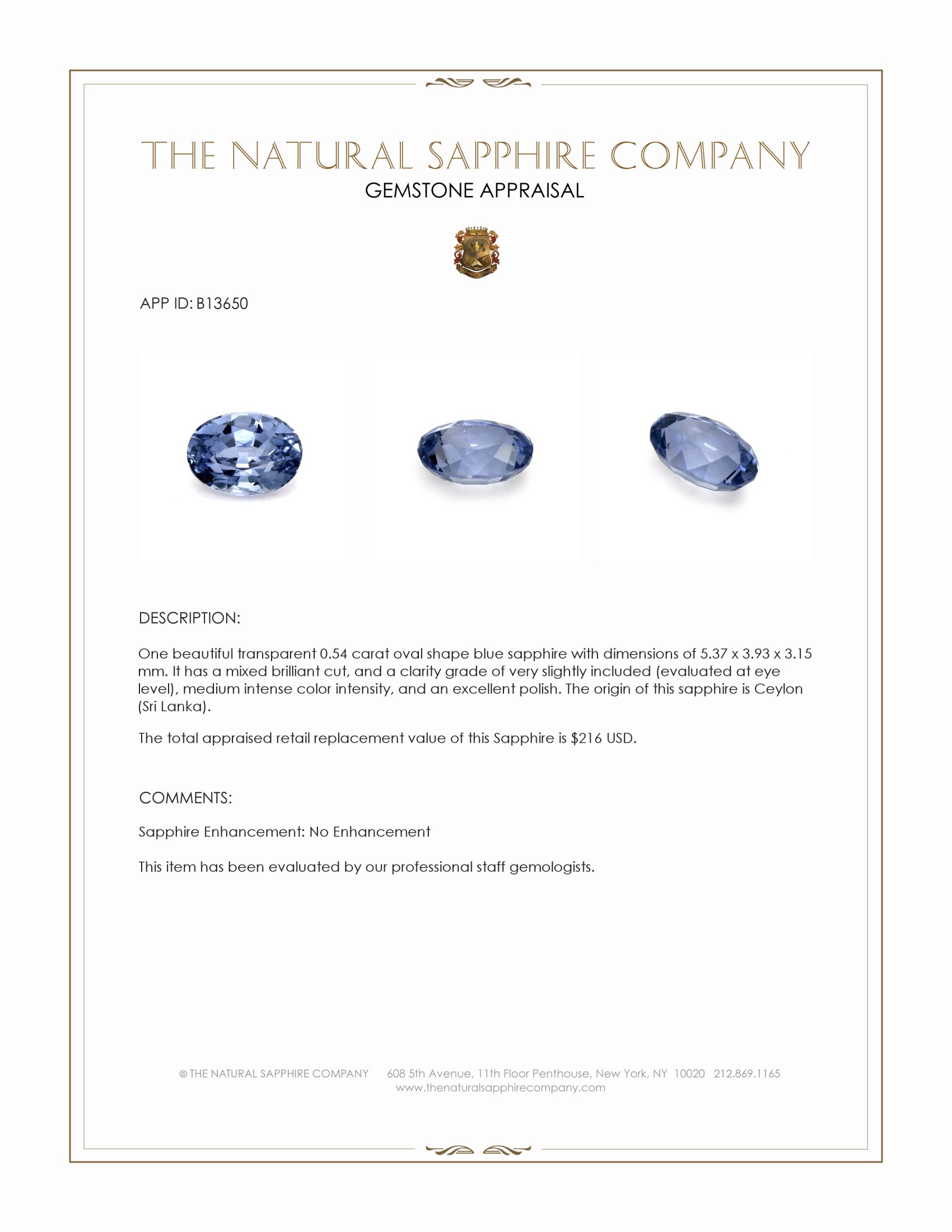 0.54 Ct. Blue Sapphire from Ceylon (Sri Lanka)