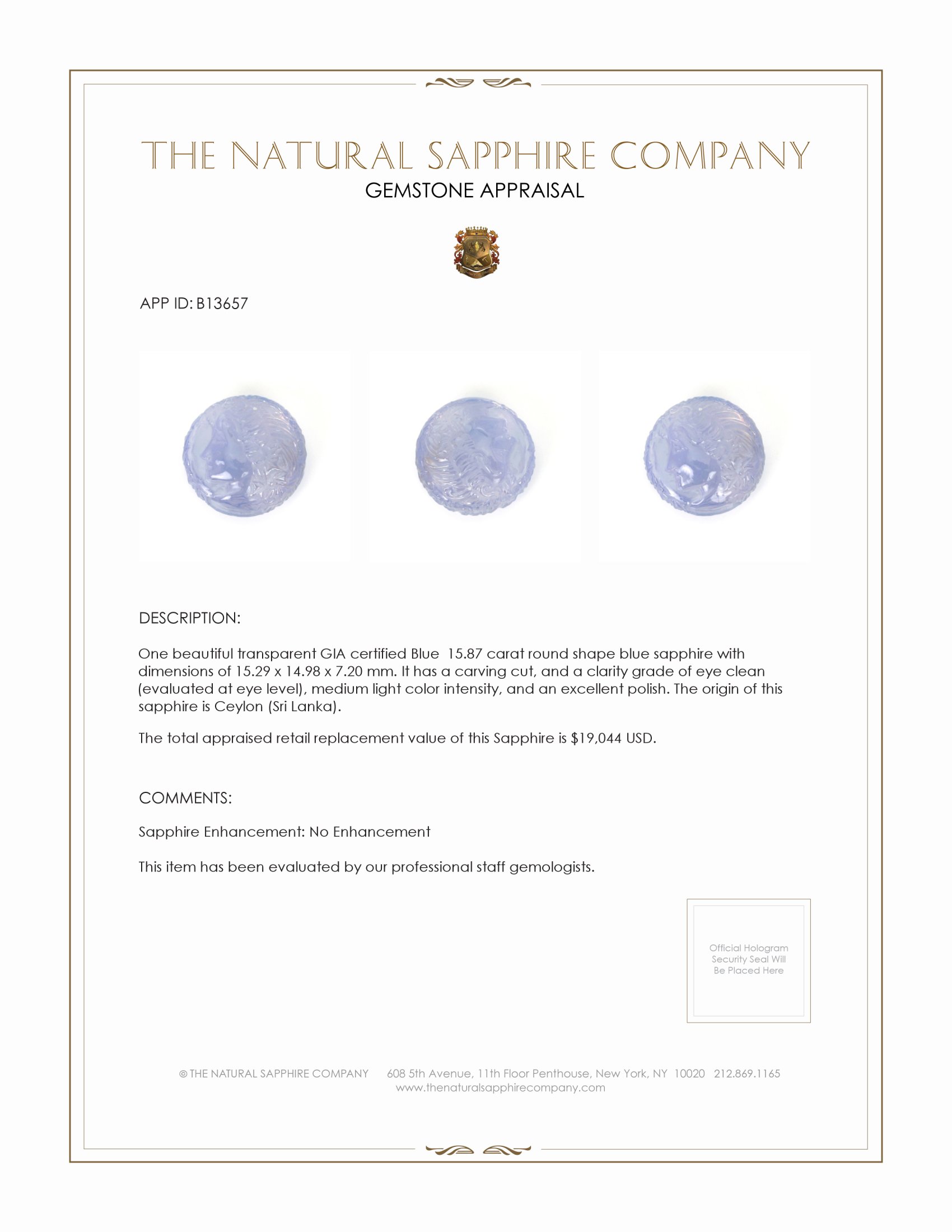 15.87 Ct. Blue Sapphire from Ceylon (Sri Lanka)