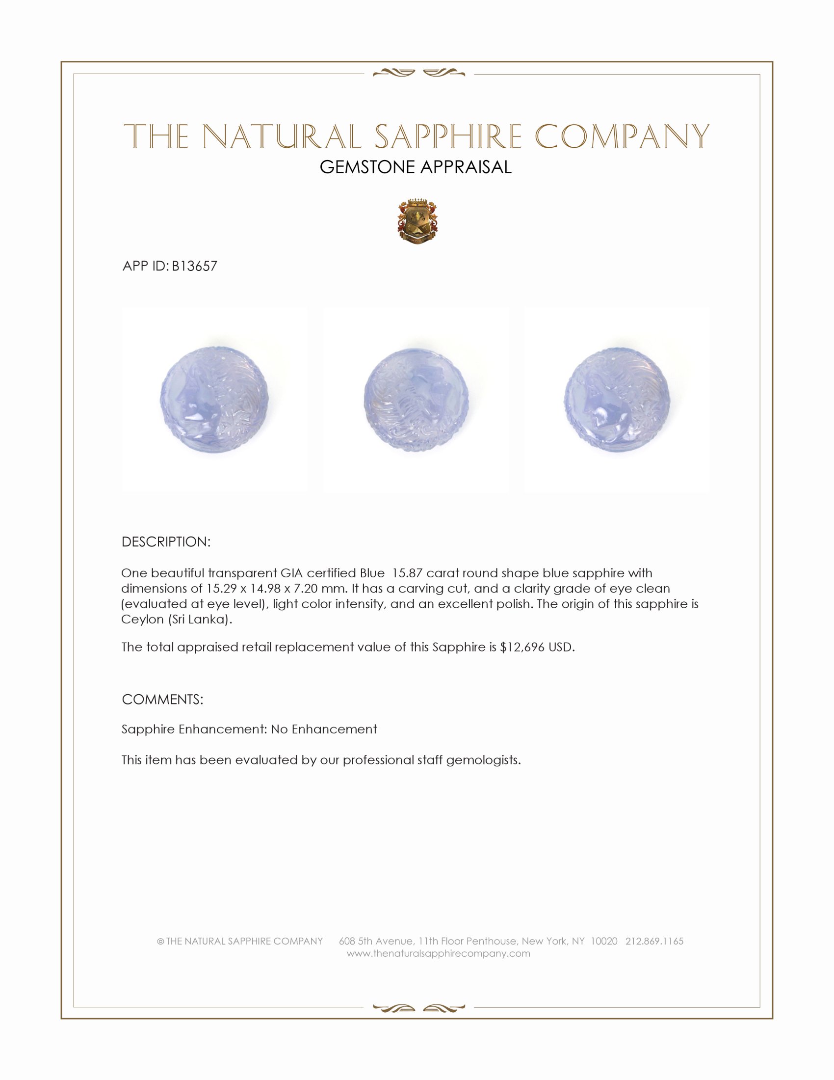 15.87 Ct. Blue Sapphire from Ceylon (Sri Lanka)