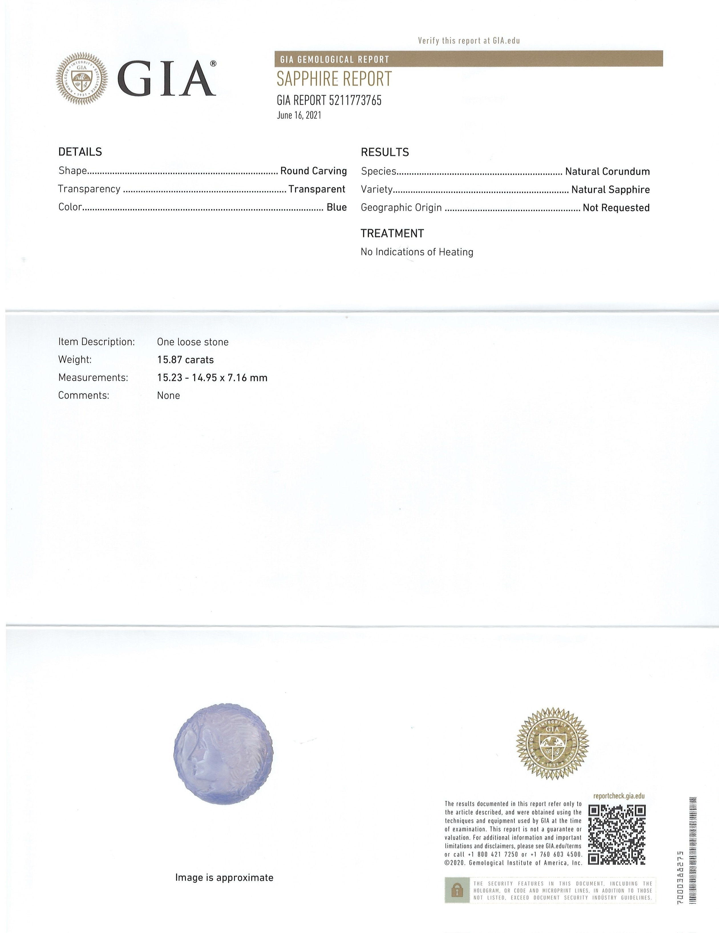 15.87 Ct. Blue Sapphire from Ceylon (Sri Lanka)