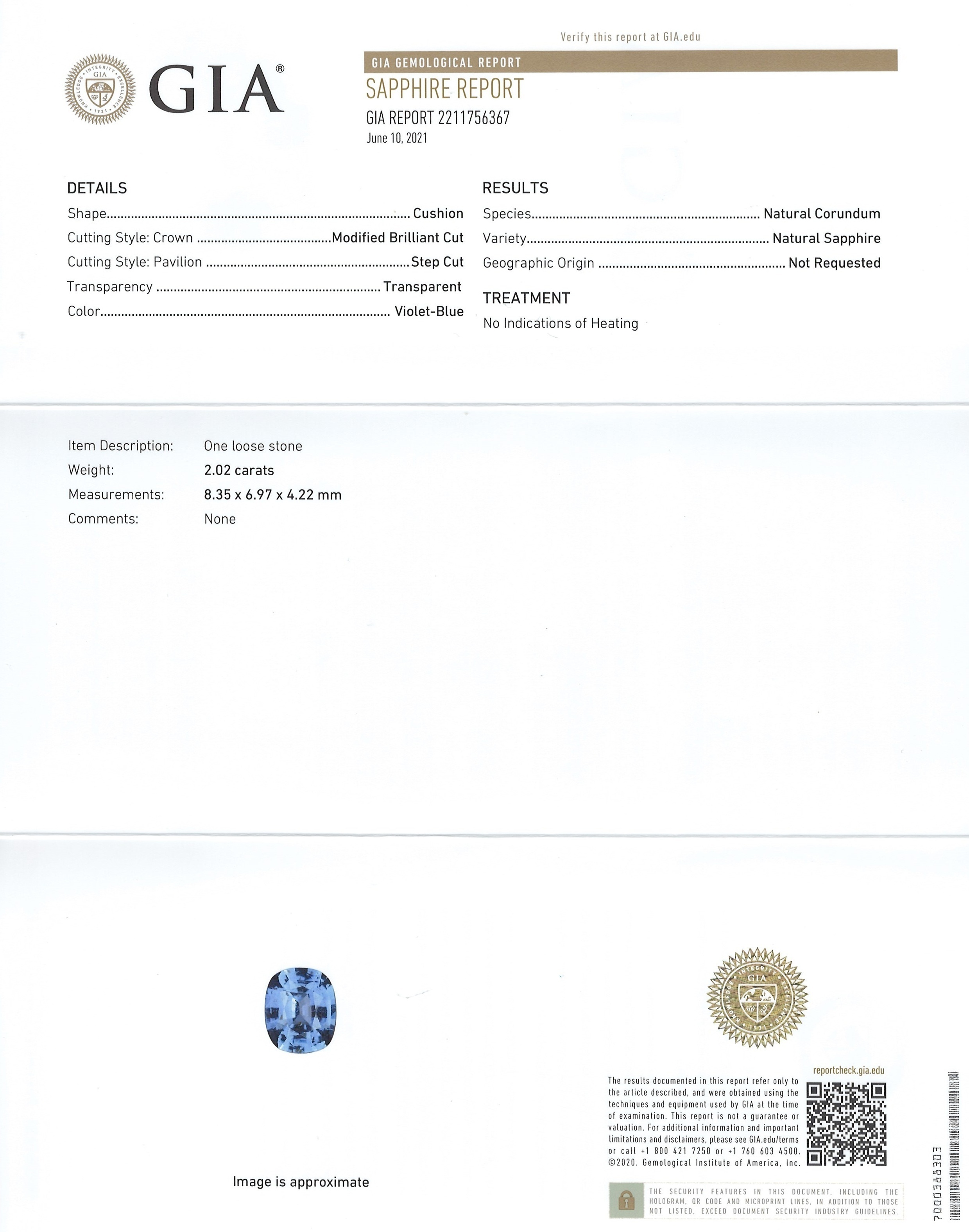 2.02 Ct. Blue Sapphire from Ceylon (Sri Lanka)